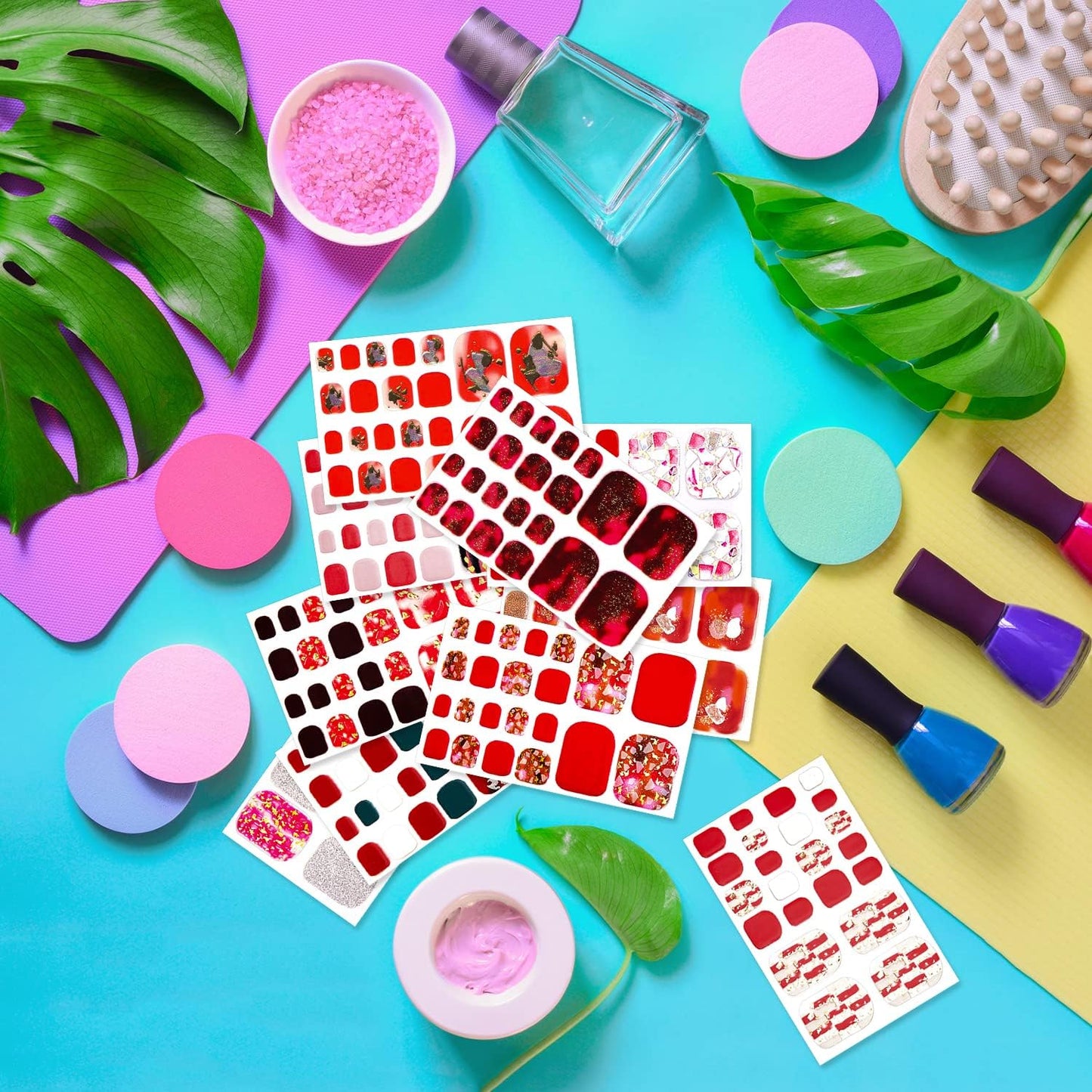 DANNEASY 16 Sheets Toe Nail Stickers Full Nail Wraps for Women Red Glitter Toenail Polish Strips Self Adhesive Toes Nail Polish Stickers Manicure Sticker with File, Cuticle Stick