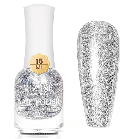 MIZHSE Quick Dry Glitter Nail Polish, Silver Nail Polish Air Dry Fast, 15ml 0.5 fl oz High Glossy Sparkle Shiny Shimmery Chrome Nail Pigment Nail Art Salon Manicure Home