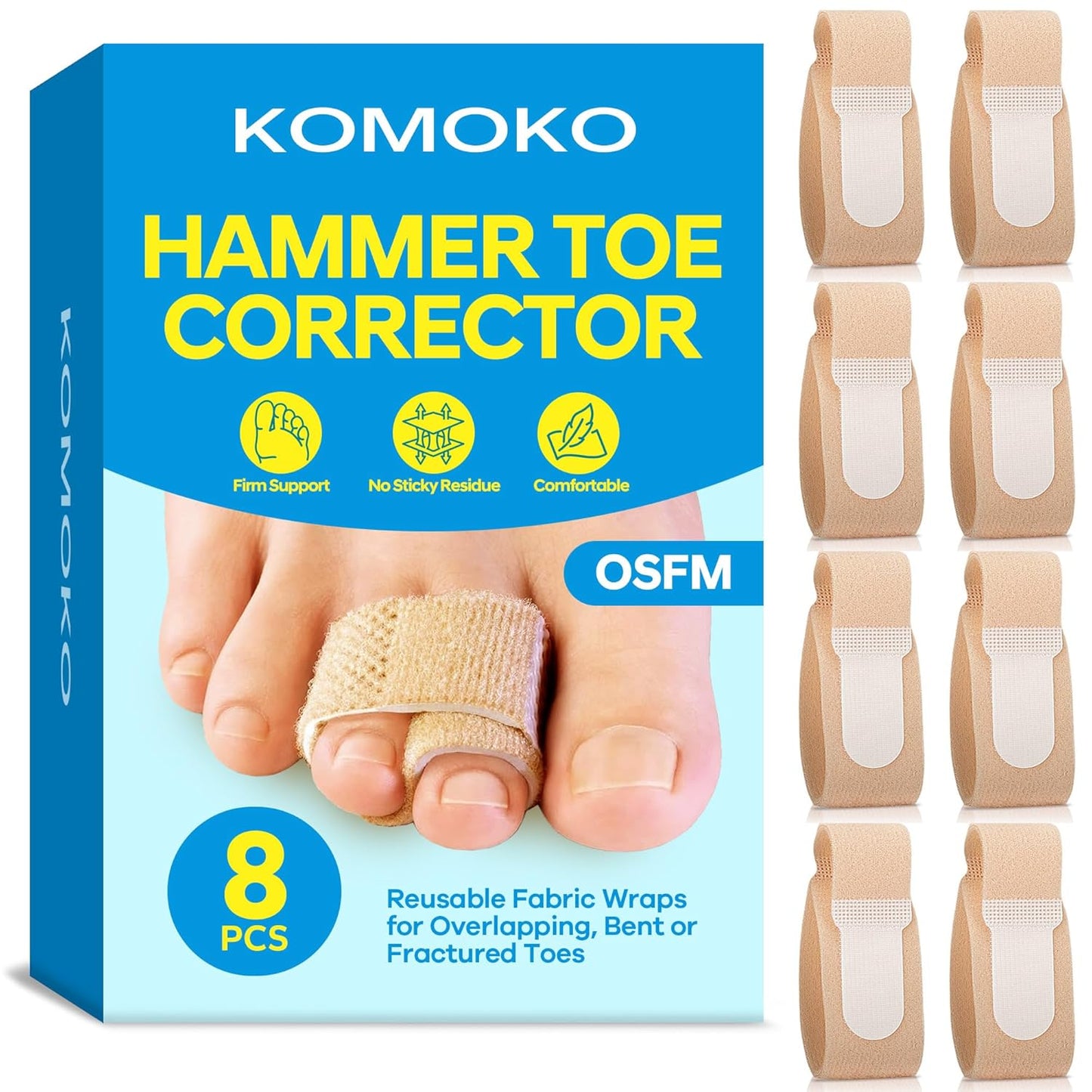 Komoko Hammer Toe Corrector for Women (8 Pack, OSFM, Beige), Hammer Toe Straighteners for Curled Toes, Soft Nylon Hammer Toes Corrector for Men, Adjustable & Reusable Toe Wraps for Daily Use