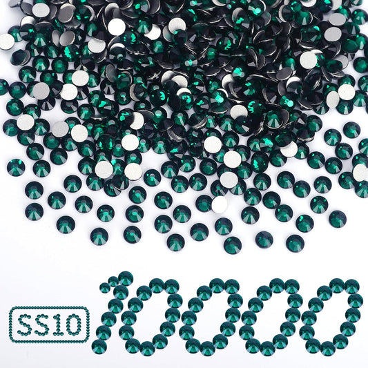 10000PCS Emerald Rhinestones Bulk, Flat Back Crystal Glass Stone Round Gems,SS10, 2.7-2.9mm