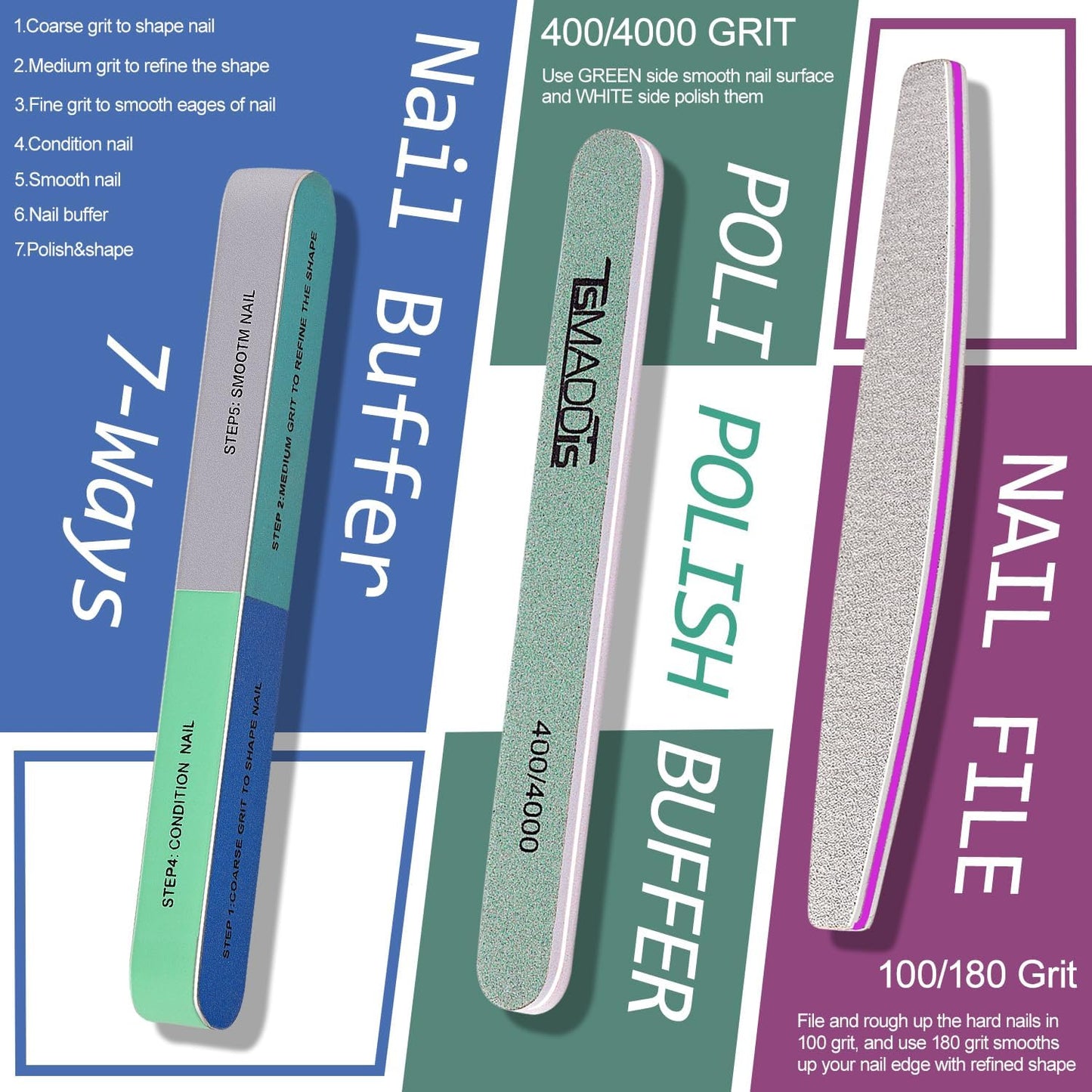 TsMADDTs Cuticle Pusher Nail File Kit, Nail Buffers and Files with 3 Files, 2 Buffering Blocks, 2 Polishing Buffers, Cuticle Nippers, Pusher and Oil