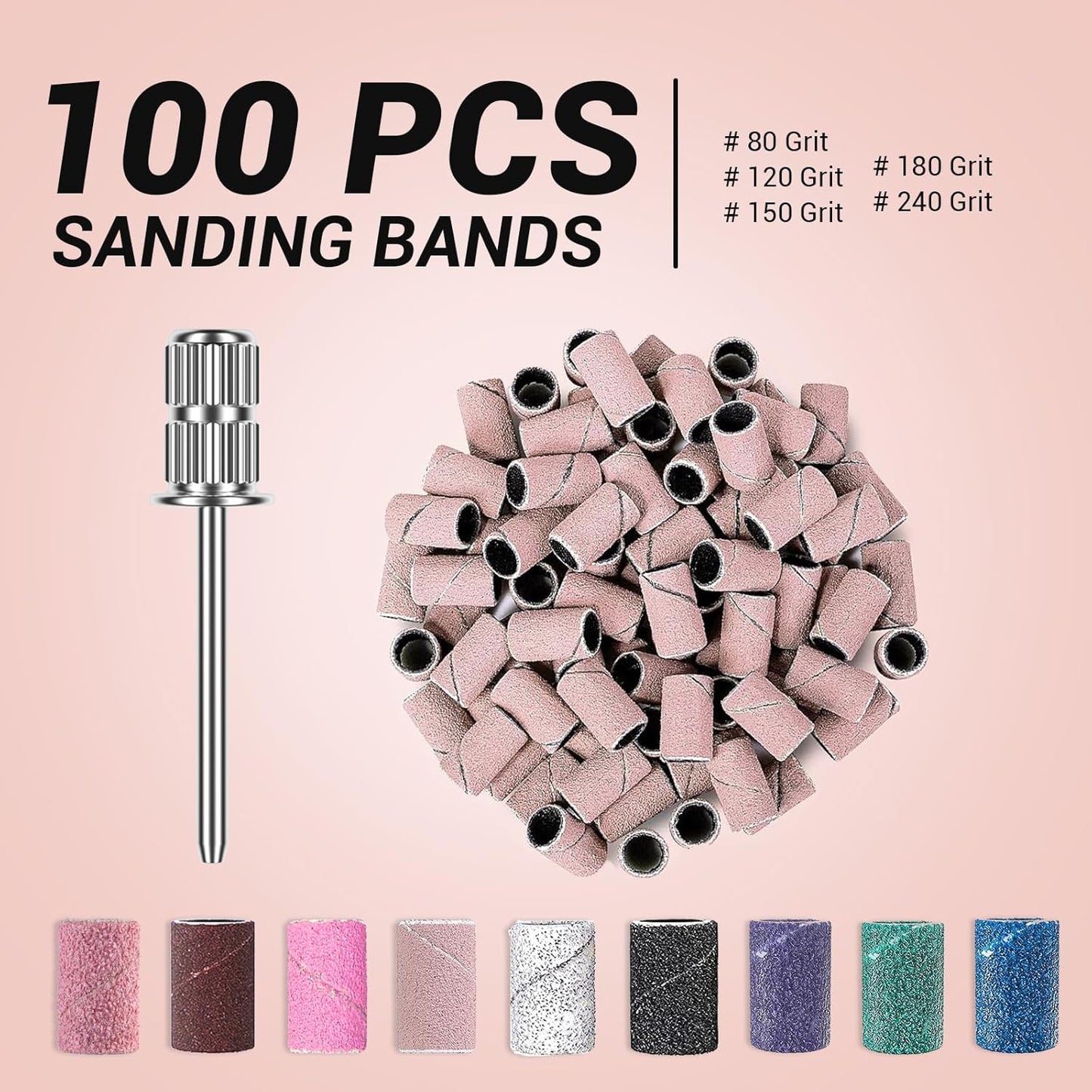 MelodySusie 100 Pcs Nail Drill Bits Sanding Bands for Nail Drill 180 Fine Grit Nail File Sanding Bands for Acrylic Nails Gel Manicures and Pedicure