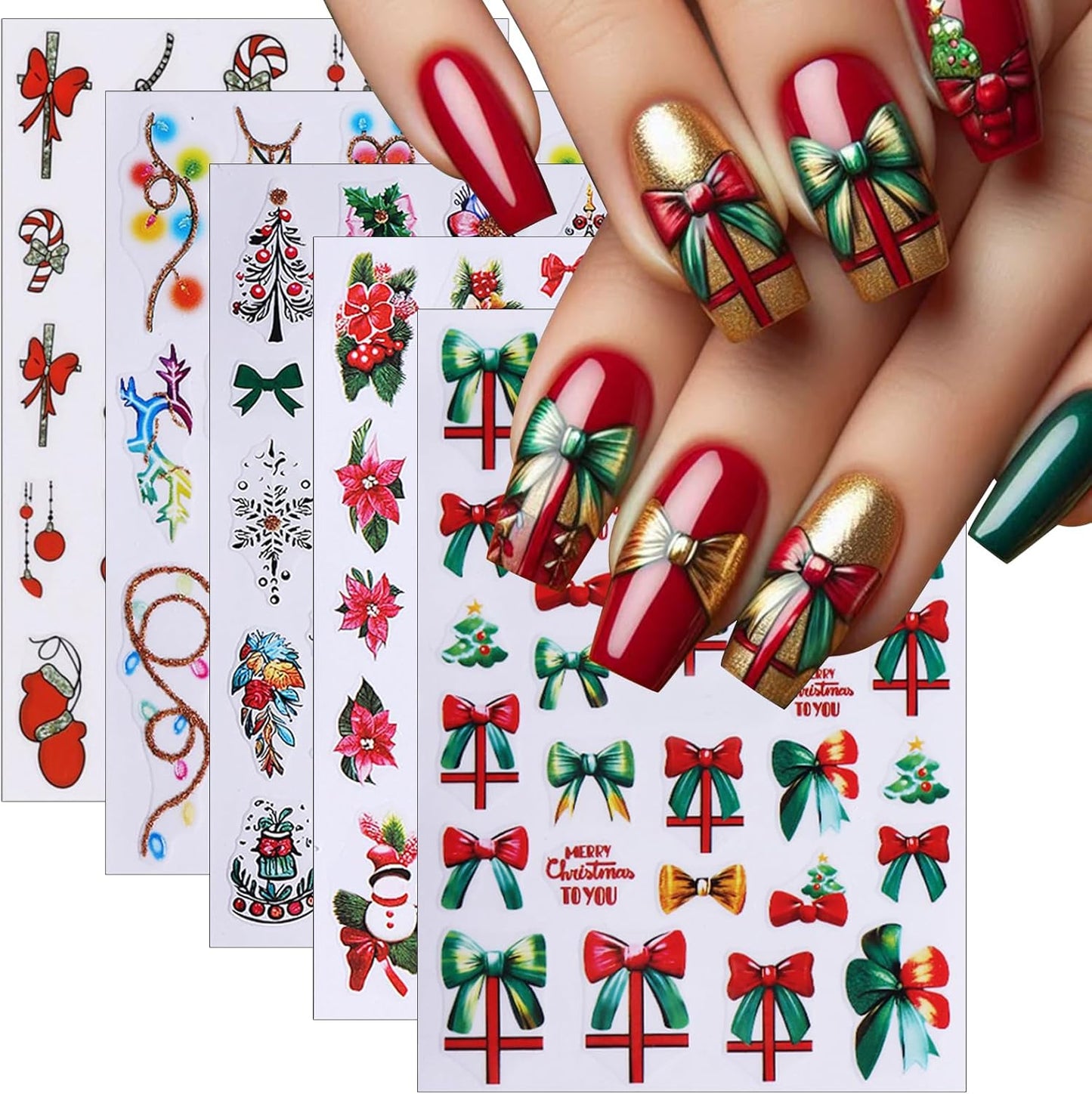 Christmas Nail Art Stickers 3D Self-Adhesive Holly Sprig Bow Snowman Glitter Xmas Tree Designs Nail Stickers Santa Claus Elk Flower Nail Decal for Women DIY New Year Manicure Decoration 5 Sheets