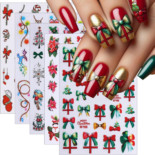 Christmas Nail Art Stickers 3D Self-Adhesive Holly Sprig Bow Snowman Glitter Xmas Tree Designs Nail Stickers Santa Claus Elk Flower Nail Decal for Women DIY New Year Manicure Decoration 5 Sheets