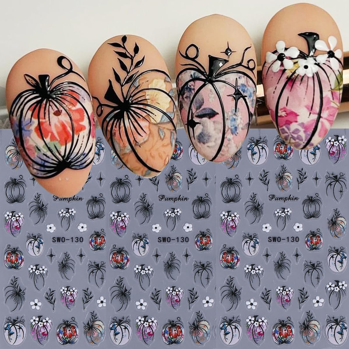 Fall Nail Stickers Halloween Pumpkin Nail Art Stickers Decals 3PCS 5D Engraved Leaf Flower Pumpkin Nails Design Self-Adhesive Fall Stickers Manicure Nail Art Supplies for Holiday DIY Nail Decorations