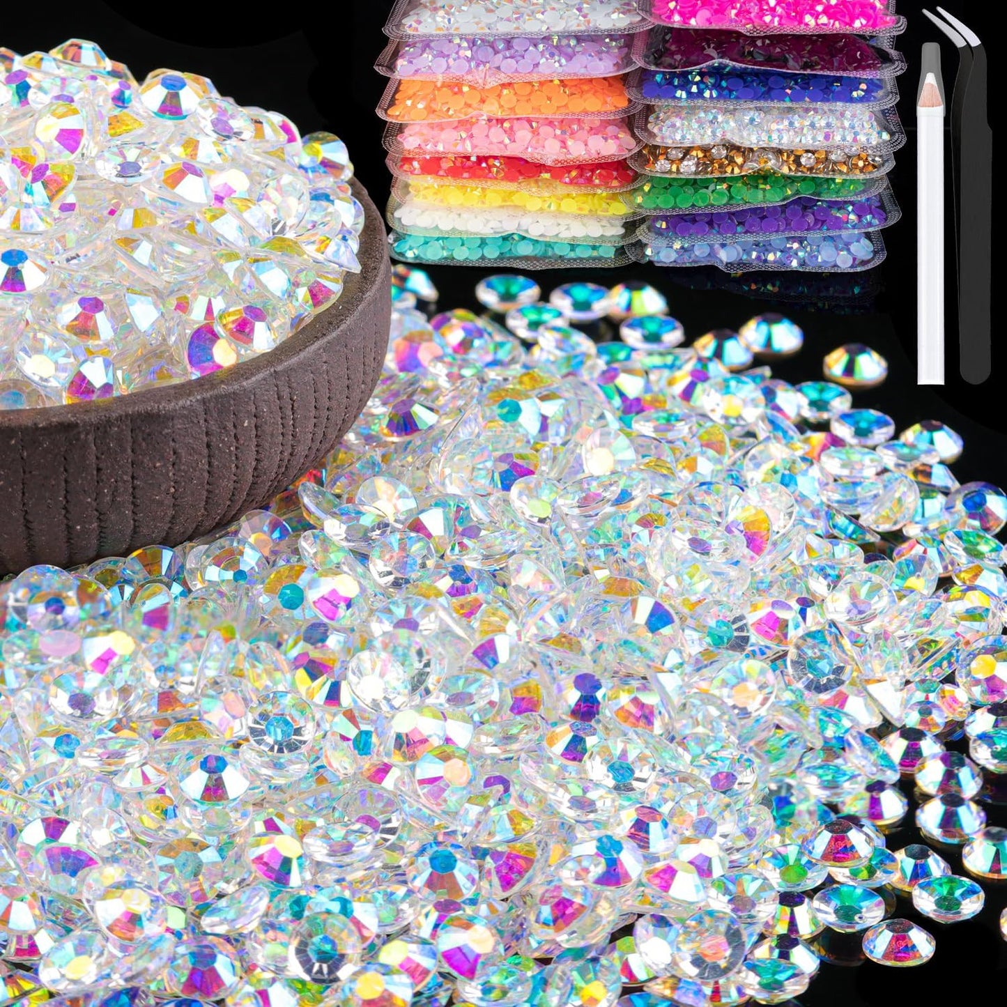 2000pcs 6mm Resin Rhinestones Bulk, Transparent AB Flatback Round Jelly Rhinestones Bedazzling Non Hotfix Crystal Gems Large Quantity Wholesale for DIY Crafts Clothes Tumblers Face Makeup Manicure