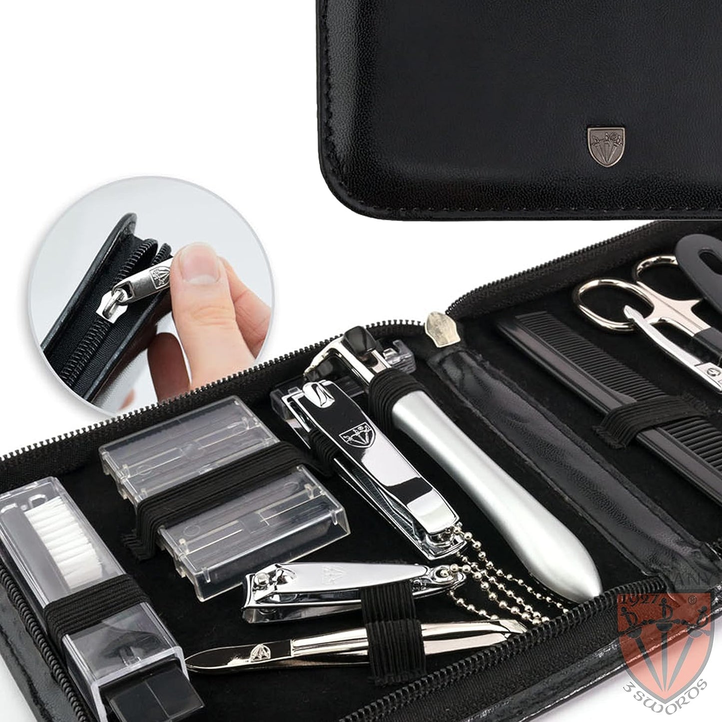 3 Swords Germany - brand quality 12 piece manicure pedicure grooming kit set for professional finger & toe nail care tweezers file clipper fashion leather case in gift box, Made by 3 Swords (33514)