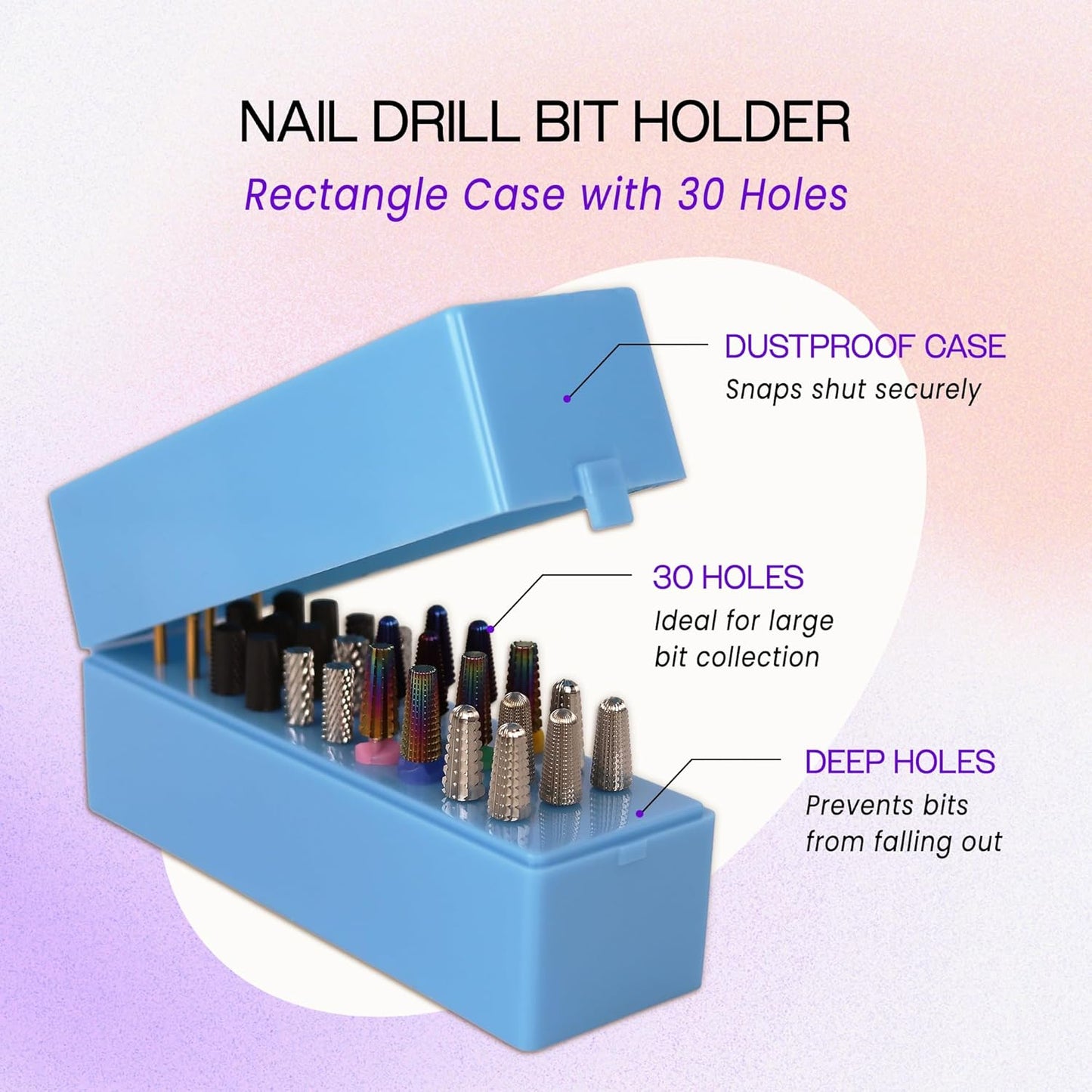 PANA Rectangle Nail Drill Bit Holder Display Organizer Case - Dustproof Carbide Bit Storage Container Box For Manicure Tools Nail Salon - 30 Holes Blue (Drill Bits Not Included)