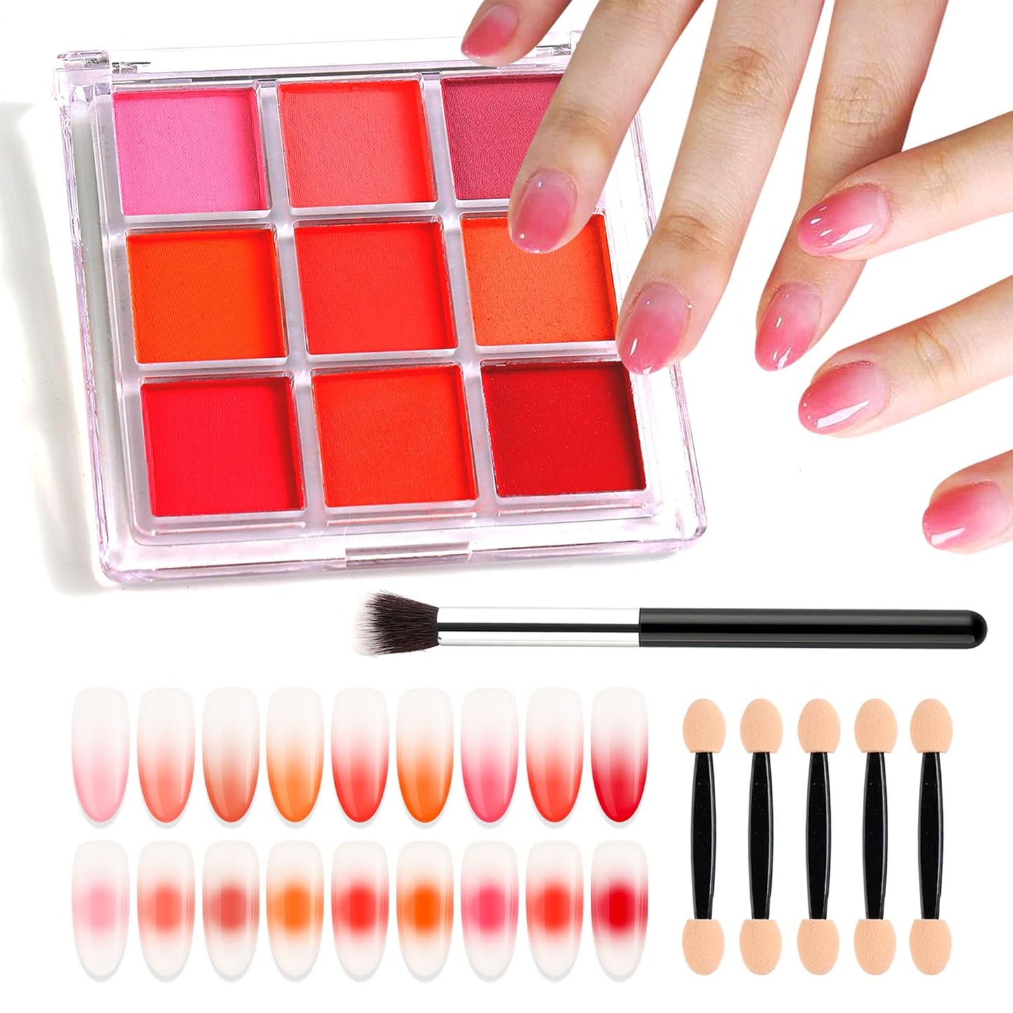 Nail Pigment Palette - Gradient Red Ombre Color Nails Powder - Fine Solid Neon Nail Art Pigment for DIY Design Manicure Beginners - Includes 5 Sponge Sticks, 1 Brush