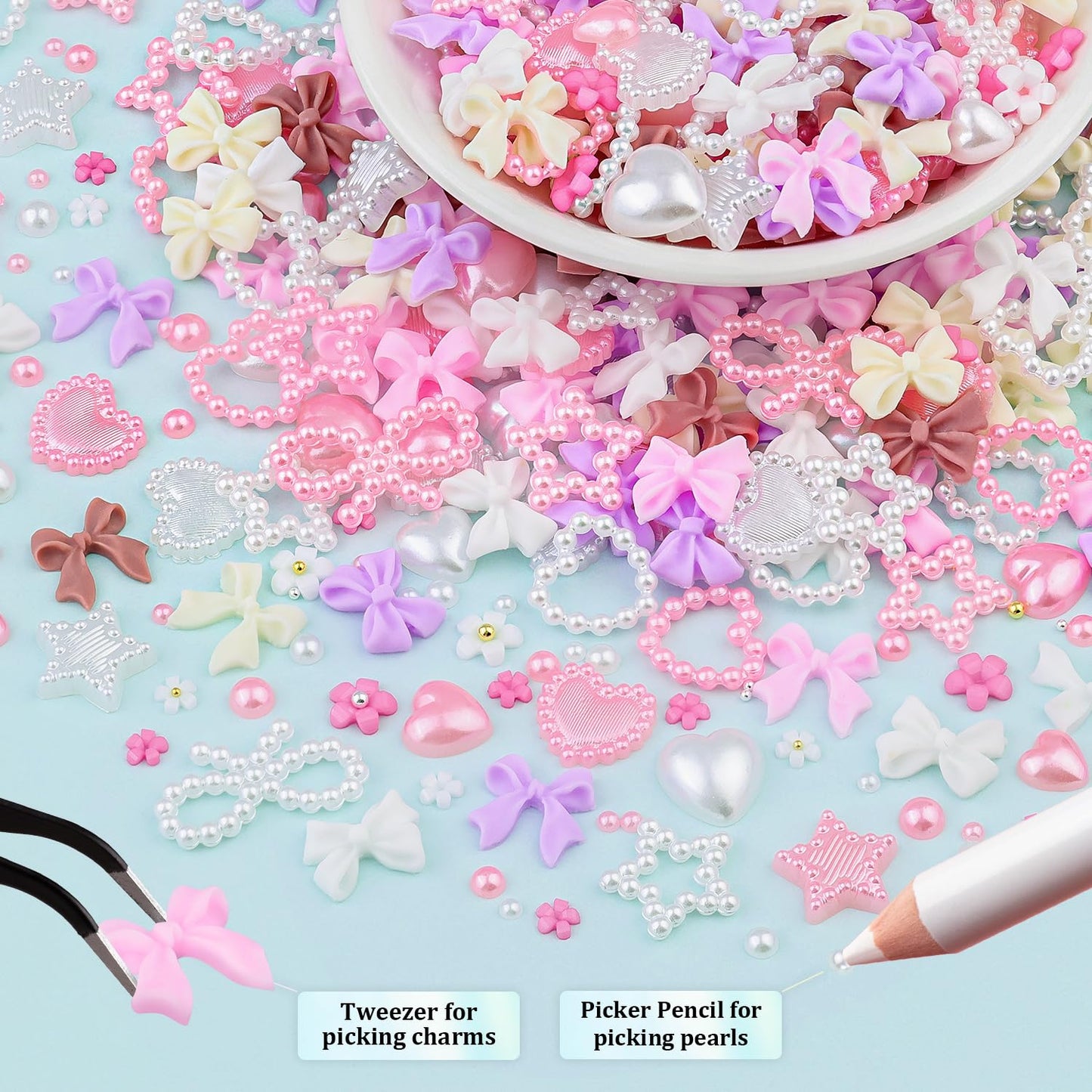 3D Nail Charms for Coquette Nails Design Set 4, Colorful Nail Bows + Assorted Pearl Heart Star Moon Bowknot Cute Nail Jewels + 3D Flower Charms and Nail Pearls, with Picker Tools for Nail Decor