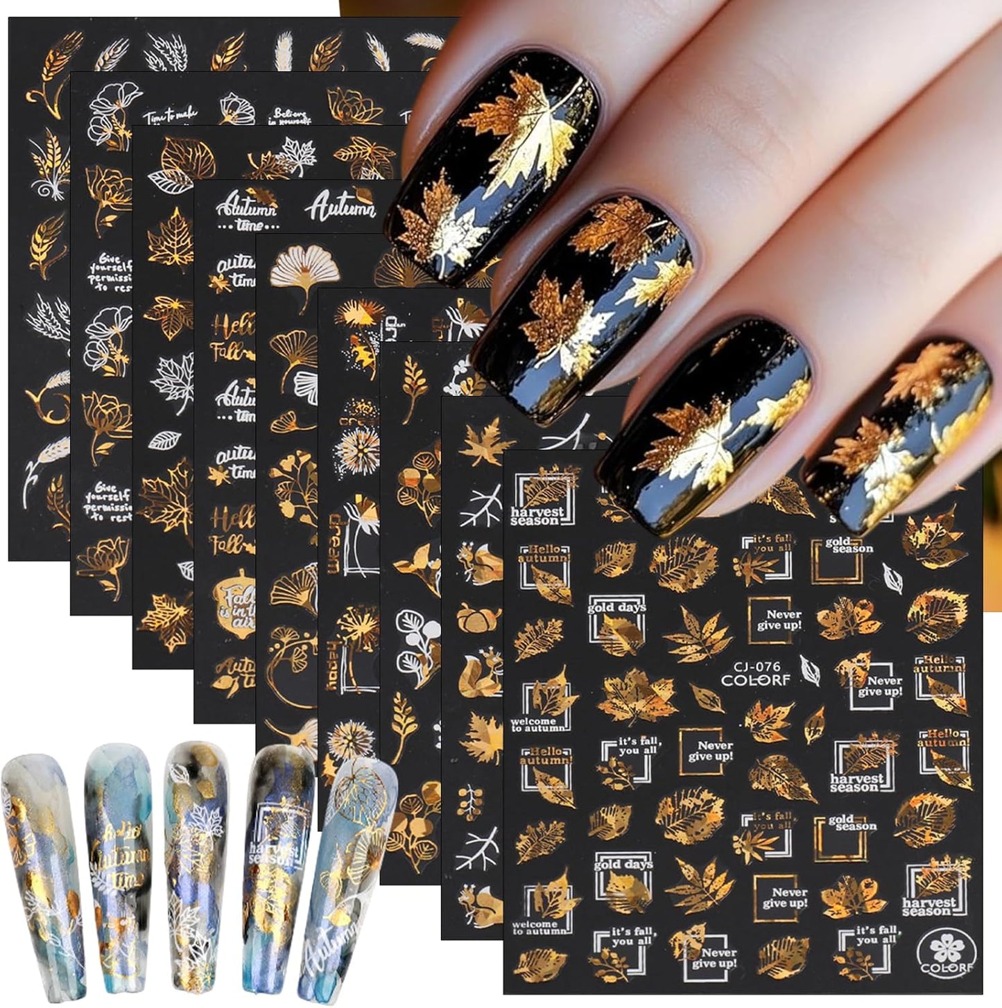 9 Sheets Bronzing Fall Nail Art Stickers 3D Glitter Metallic Maple Leaf Nail Stickers Autumn Laser White Gold Leaves Flower Nail Designs Thanksgiving Holiday Sticker for Women Manicure Tips