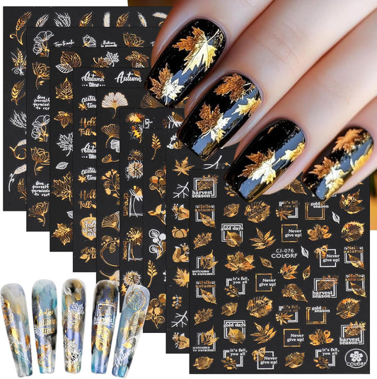 9 Sheets Bronzing Fall Nail Art Stickers 3D Glitter Metallic Maple Leaf Nail Stickers Autumn Laser White Gold Leaves Flower Nail Designs Thanksgiving Holiday Sticker for Women Manicure Tips
