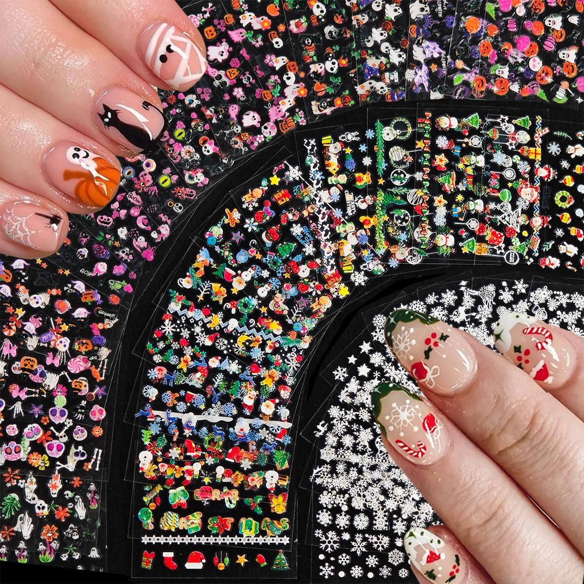 90 Sheets Nail Stickers for Nail Art, Halloween Nail Art Stickers 3D Self-Adhesive Christmas Nail Decals for Nails Design, Snowflake Nail Decoration Holiday Nail Accessories for Women Girls