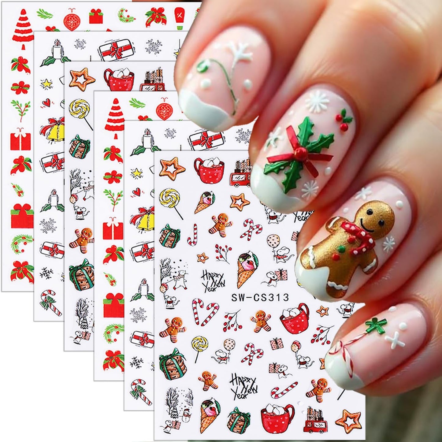 6 Sheets Christmas Nail Stickers for Nail Art Cute Xmas Candy Gingerbread Men Santa Claus Nail Decals 3D Self-Adhesive Bell Christmas Tree Nail Design Winter Snowflake Nail Art Stickers for Women