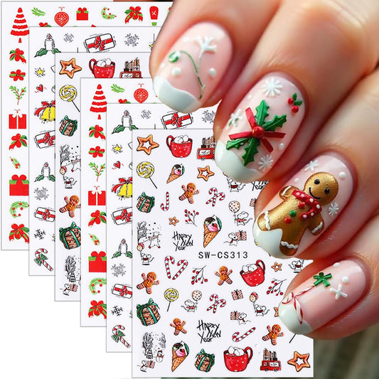 6 Sheets Christmas Nail Stickers for Nail Art Cute Xmas Candy Gingerbread Men Santa Claus Nail Decals 3D Self-Adhesive Bell Christmas Tree Nail Design Winter Snowflake Nail Art Stickers for Women