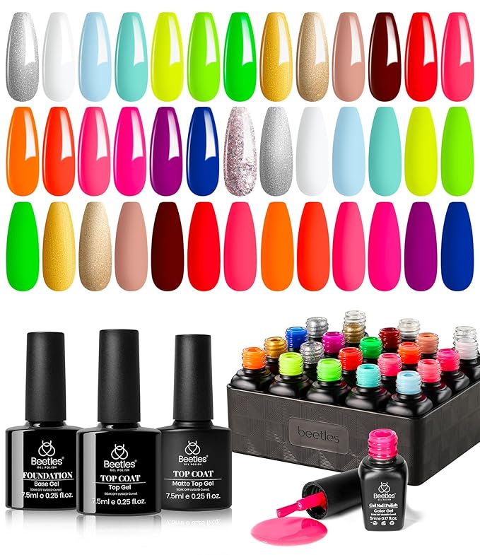 beetles Gel Polish Set, Halloween Neon Kit 20 Colors Gel Nail Polish with 3Pcs Base Gel Top Coat Hot Pink Orange Blue Magenta Lemon Green Colors Soak Off UV Manicure Rainbow Nail