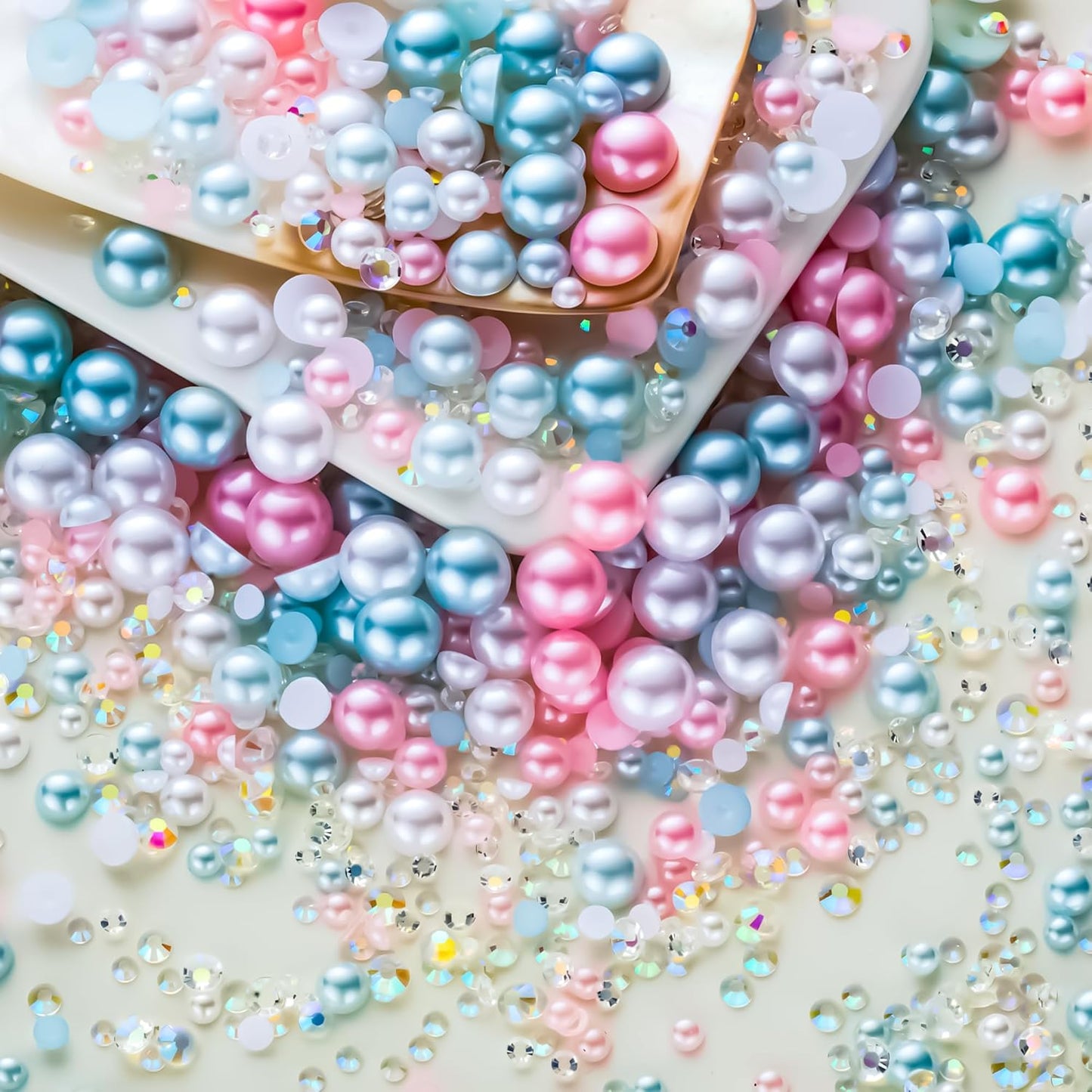 60g Cyan White Flat Back Pearls Rhinestones for Crafts Mixed Size 3mm-10mm AB Color Round Half Pearls Flatback Pearl Beads and Resin Rhinestones Set for Face Art with Glue