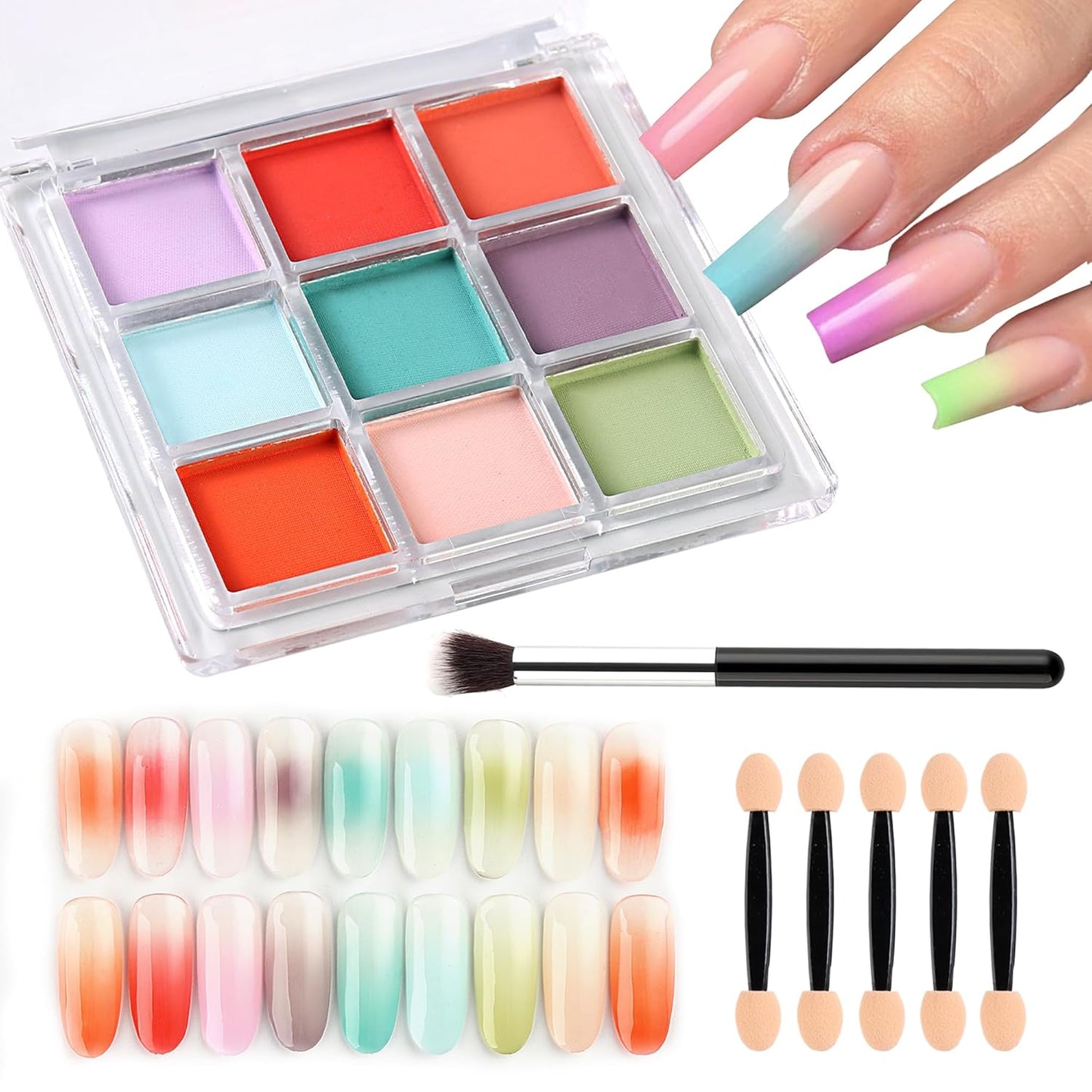 9 Colors Nail Pigment Palette Gradient Ombre Nail Powder Set for DIY Manicure Beginners - Perfect Nail Design with Ultra Fine Powder - Includes 5 Sponge Sticks 1 Brush #06