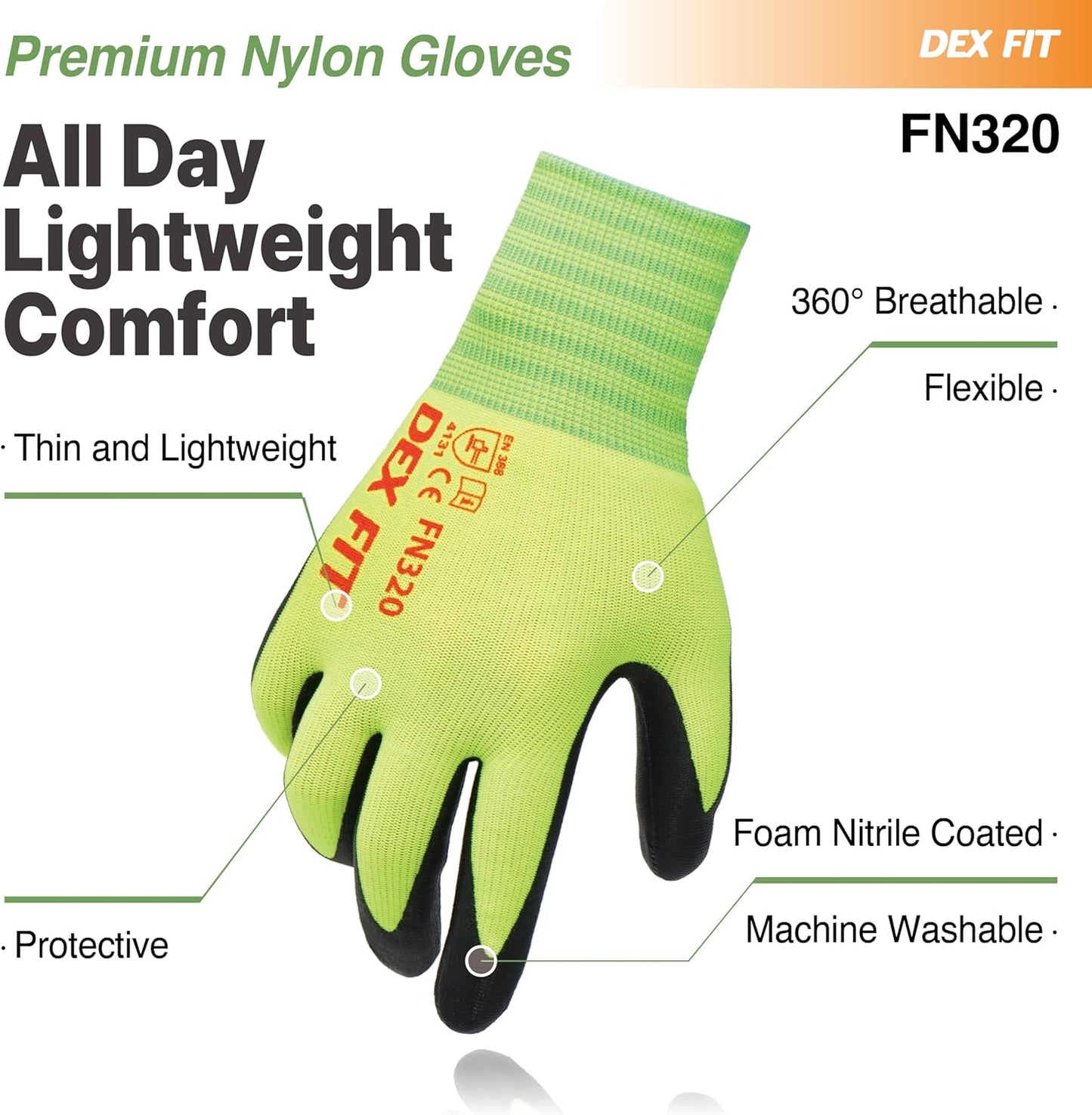 DEX FIT Premium Nylon Nitrile Work Gloves FN320, 3 Pairs, 3D-Comfort Stretchy Fit, Firm Grip, Thin & Lightweight, Durable, Breathable & Cool, Machine Washable; Neon Green 9 (L)