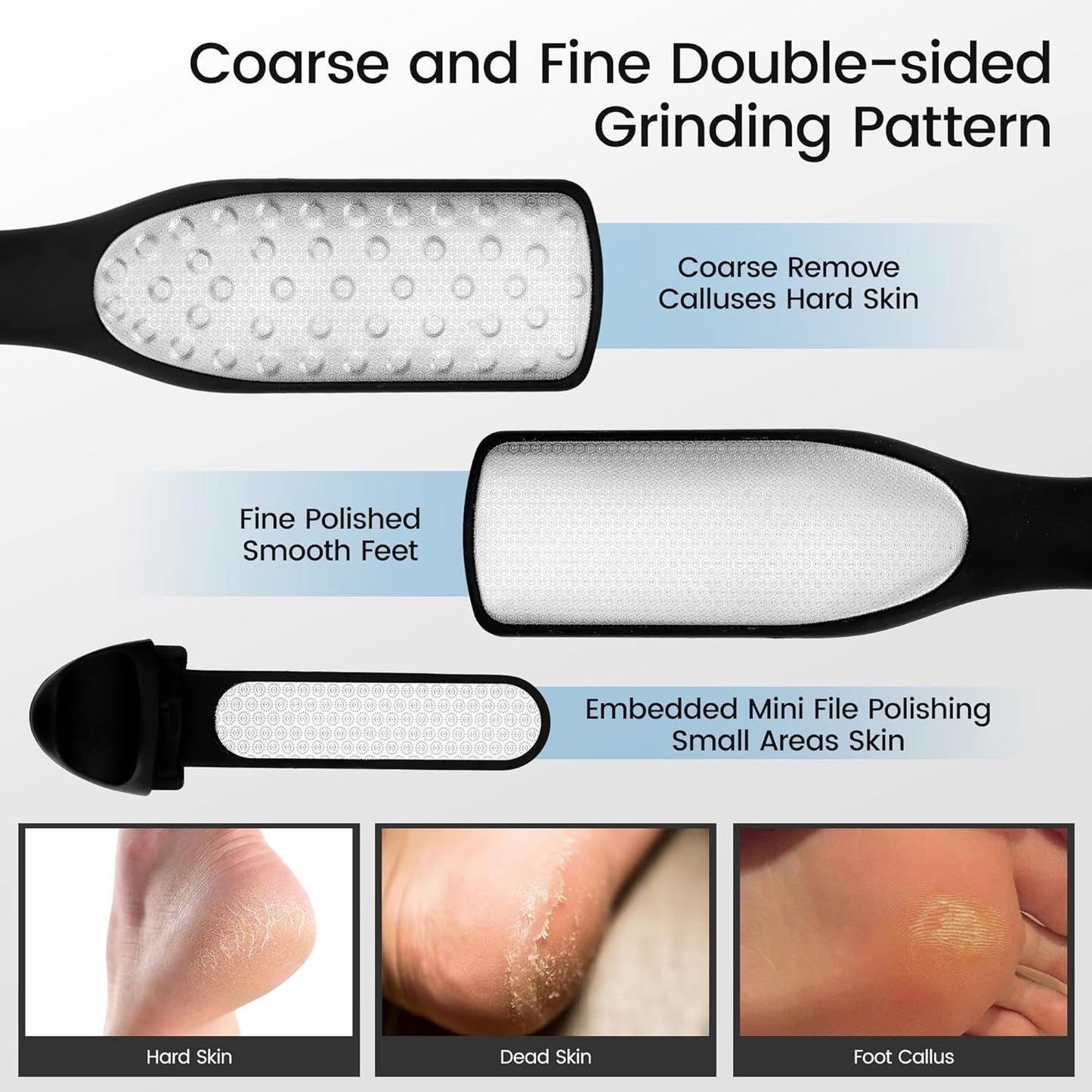 YTD likomey Coarse Fine Double Sided Foot File,Super Durable Stainless Steels Foot Scrubber,for Wet or Dry Feet Callus Dead Skin Hard Skin Pedicure Remover Tool with Built-in Mini File