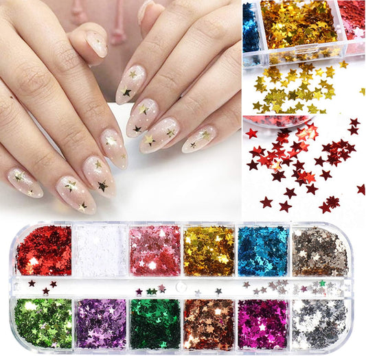 12 Colors Stars Nail Art Stickers Star Nail Glitter Sequins 3D Nail Art Decor Holographic Stars Shape Flakes Nail Design for Women Manicure Tips DIY Nail Charms Decorations Acrylic Nails Supply Kit