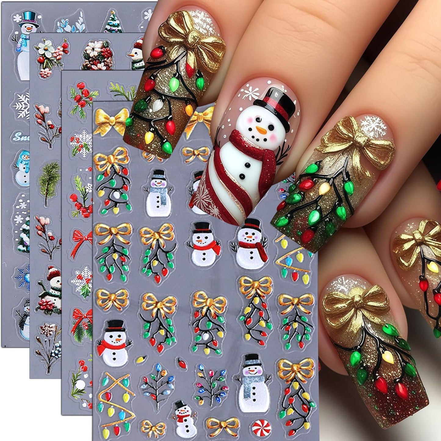 Christmas Nail Stickers 5D Embossed Christmas Tree Snowman Nail Art Stickers Winter Snowflake Nail Decals Self-Adhesive Bow Holiday Lights Design Sticker Xmas Cute Nail Art Decoration for Women 4Pcs