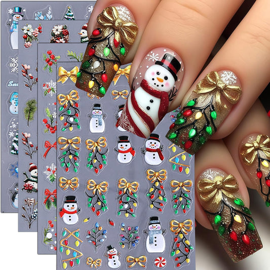 Christmas Nail Stickers 5D Embossed Christmas Tree Snowman Nail Art Stickers Winter Snowflake Nail Decals Self-Adhesive Bow Holiday Lights Design Sticker Xmas Cute Nail Art Decoration for Women 4Pcs