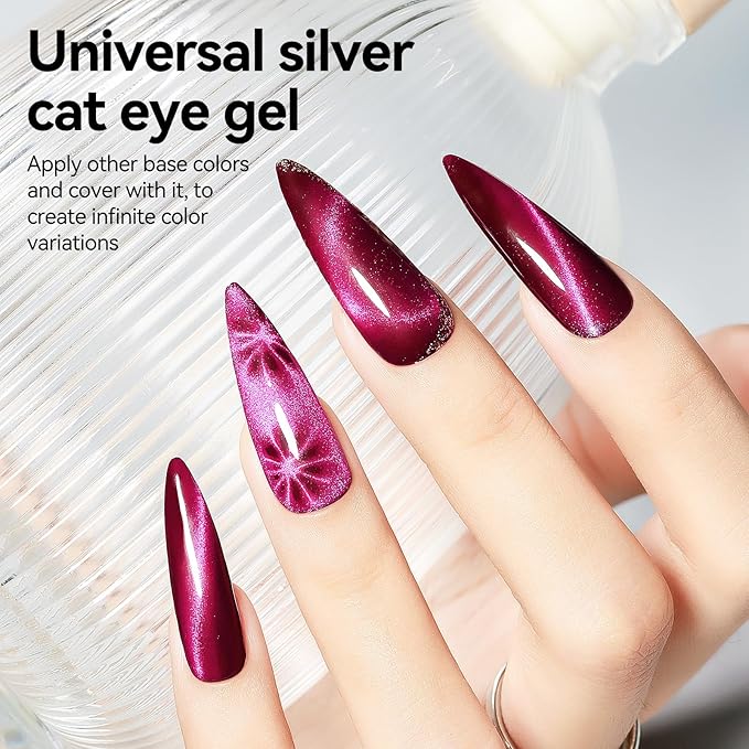 Cat Eye Gel Nail Polish, Silver Glitter Magnetic Cat Eye Nails With Magnet Stick, For Holographic Shimmer Cateye Effect, UV Velvet Nail Art Manicure Salon DIY Home, 12ML