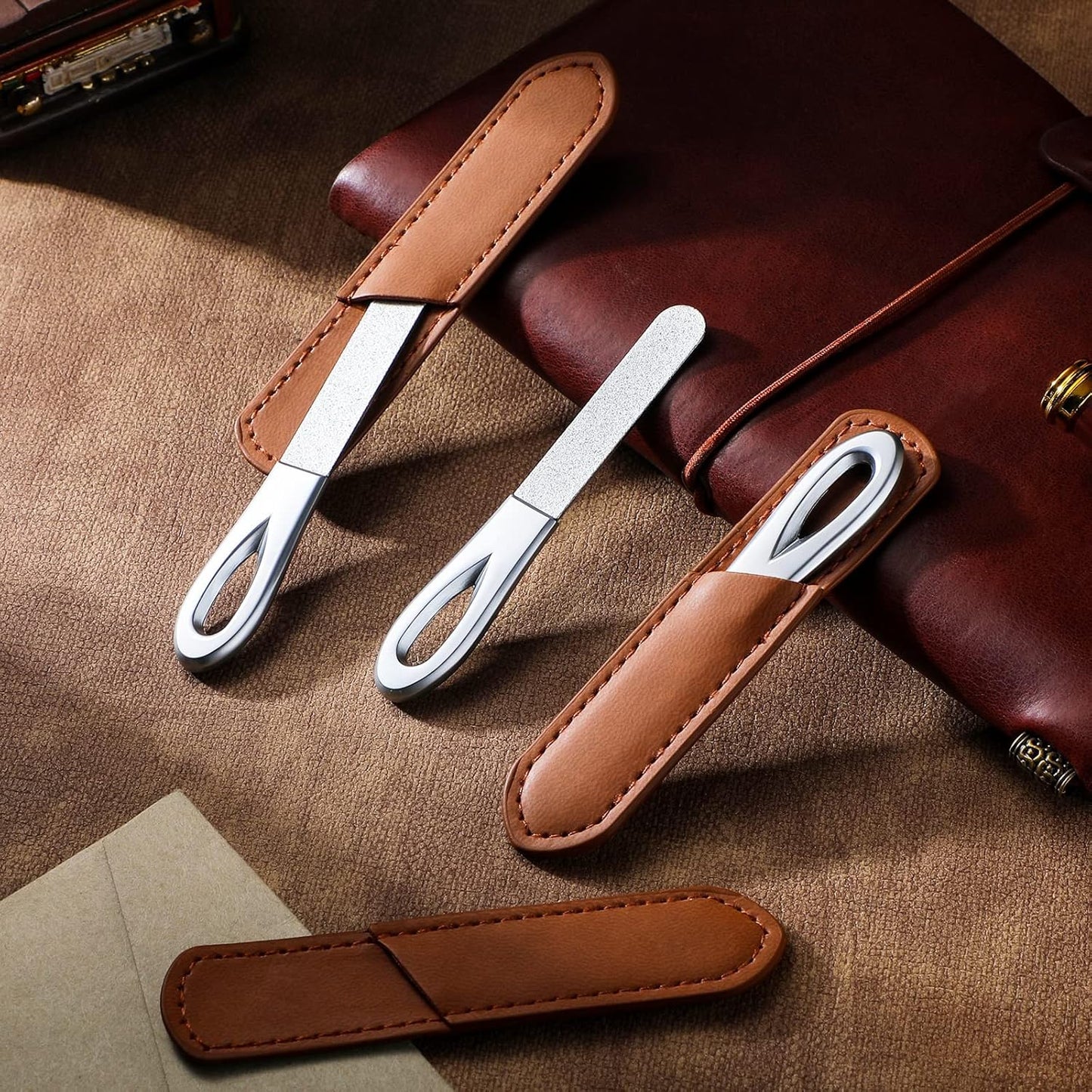 3 Pieces Stainless Steel Nail Files with Leather Case Double Sided Nail Files Non Slip Handle Grit Diamond Fingernail File Easily Grinding Metal Nail File Emery Boards for Natural Nails (Brown)