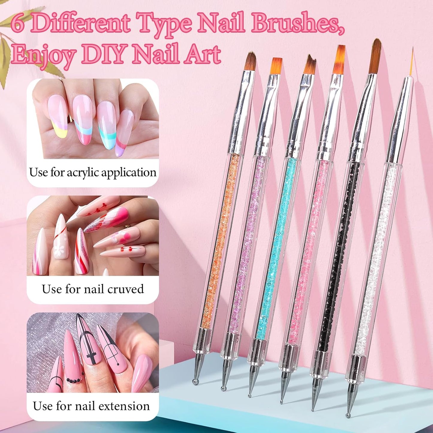 Yokilly Acrylic Nail Art Brush Set, 6 PCS Double-Sided Nail Polish Brush & 4PCS Crystal Dappen Dish for Acrylic Nails, Nail Liner Brush & Glass Container Manicure Cup Nail Art Tool