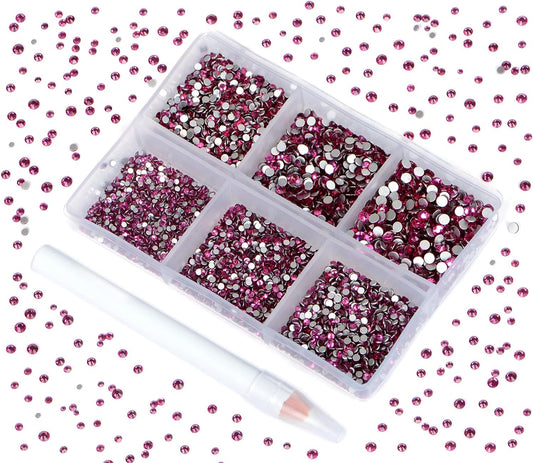 Bymitel 7200 Pieces 6 Mixed Sizes Glue Fix on Glass Rhinestones Round Crystal Gems Flatback for DIY Jewelry Making with one Picking Pen(6-Sizes 7200PCS, Fuchsia)