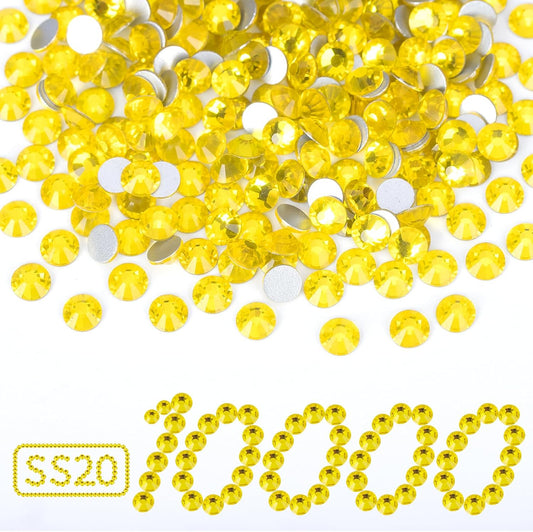 10000PCS Lemon Yellow Rhinestones Bulk, Flat Back Crystal Glass Stone Round Gems,SS20, 4.6-4.8mm