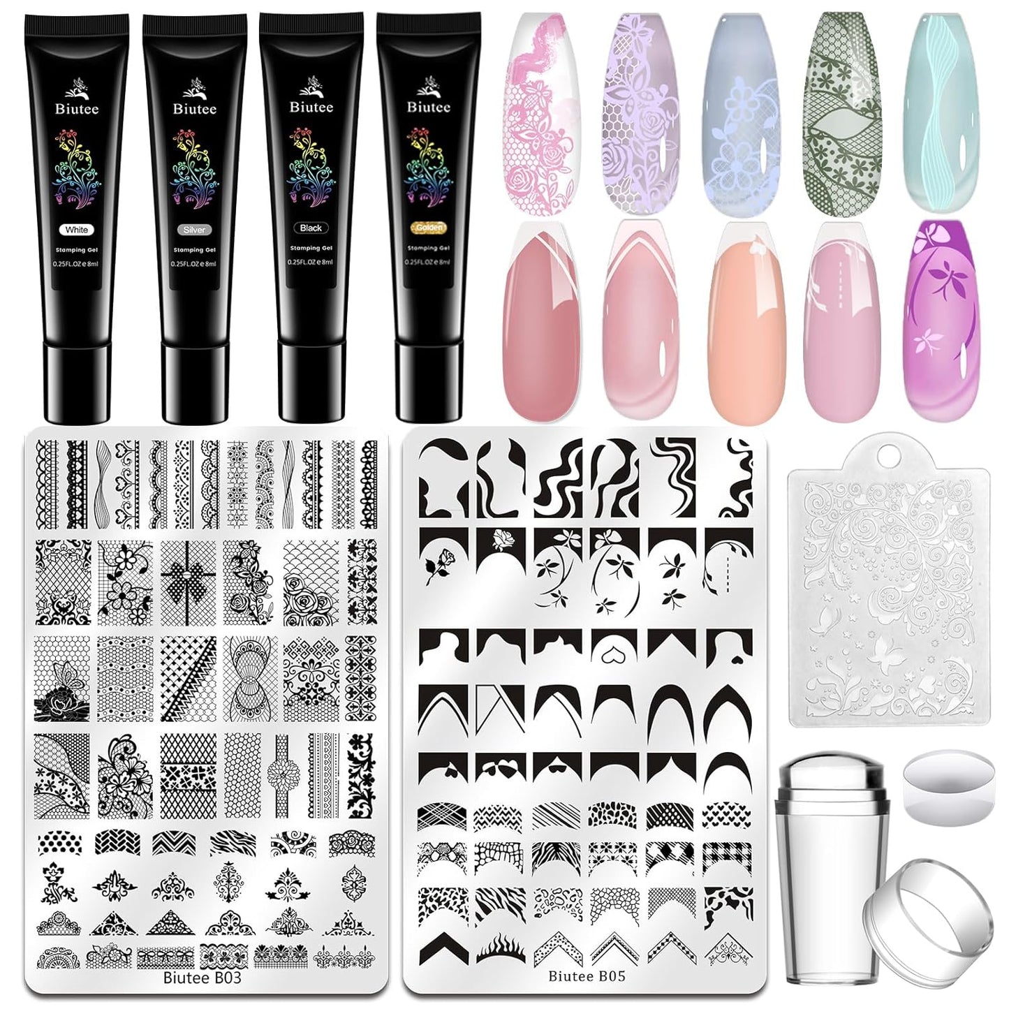 Biutee Nail Stamping Kit 2Pcs Nail Art Stamping Plates 4Pcs Stamping Gel Polish French Tip Nail Stamp Kit 110 Patterns with Silicone Stamper Scraper Large Lace Stamp Template Christmas Gift for Women