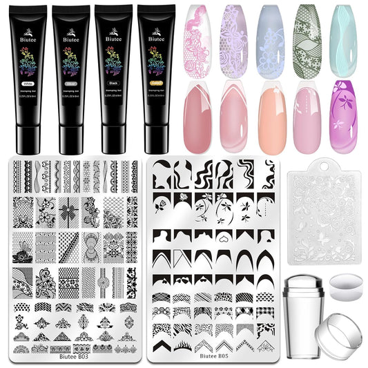 Biutee Nail Stamping Kit 2Pcs Nail Art Stamping Plates 4Pcs Stamping Gel Polish French Tip Nail Stamp Kit 110 Patterns with Silicone Stamper Scraper Large Lace Stamp Template Christmas Gift for Women