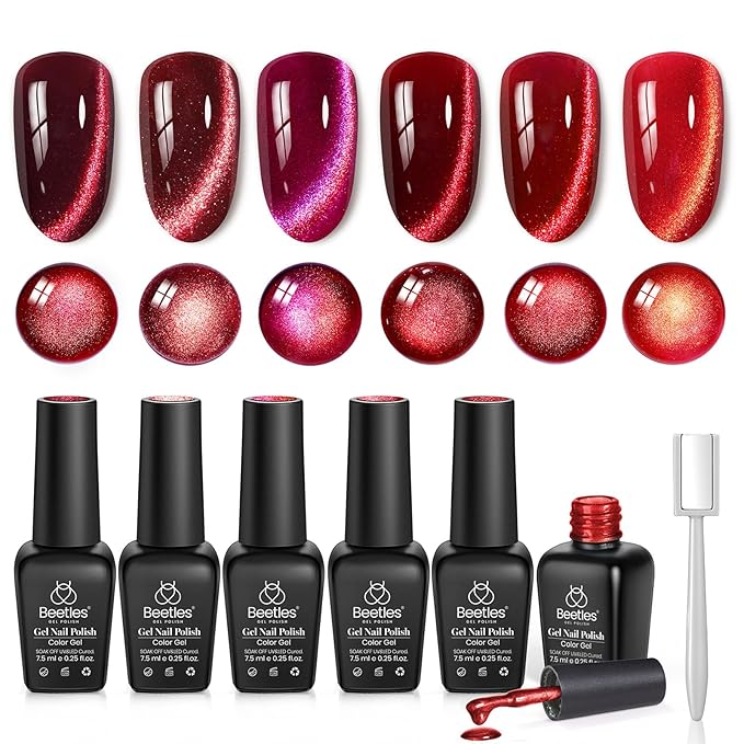 Beetles Red Cat Eye Gel Nail Polish Set - Sultry Burgundy Cat Eye Gel Polish, 6 Colors Burgundy Dark Red Glitter Red Magnetic Fall Gel Polish Kit Soak Off UV Nail Art Salon DIY Manicure Gift for Women