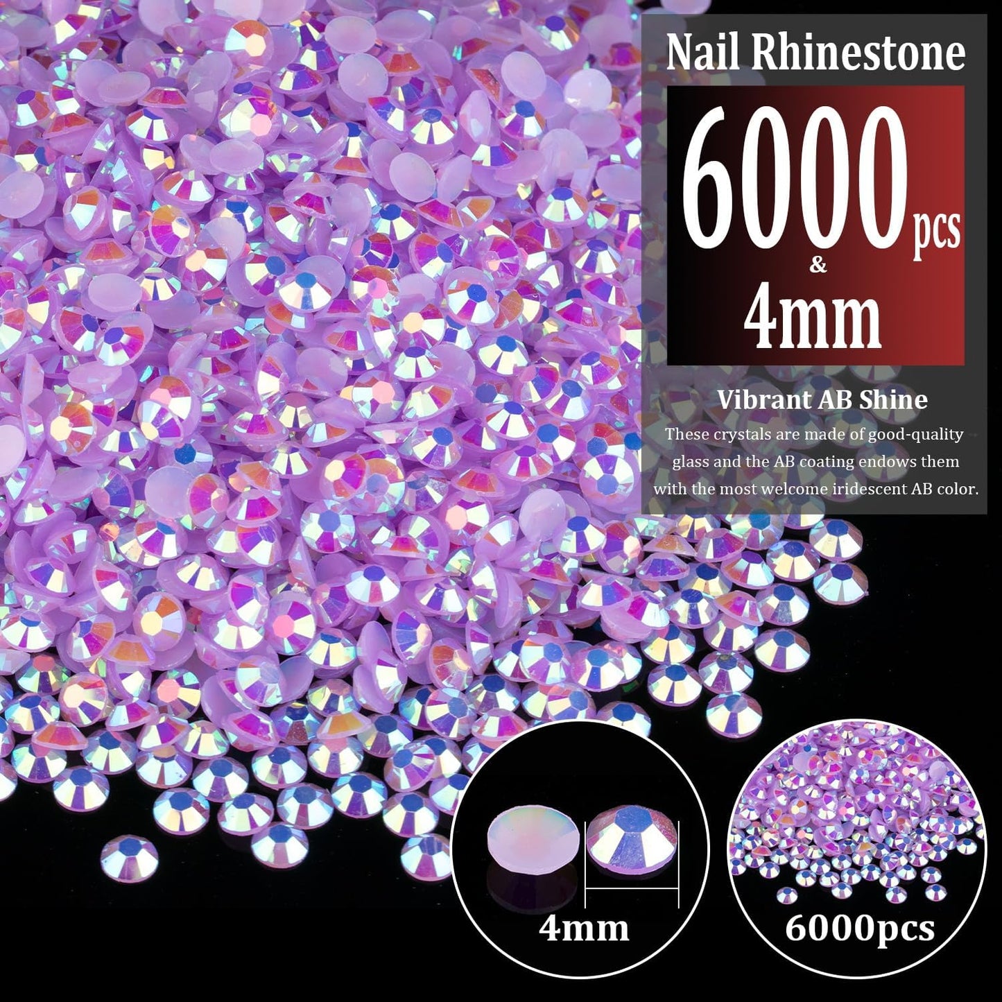 6000pcs 4mm Resin Rhinestones Bulk, Lavender Purple AB Flatback Round Jelly Rhinestones Bedazzling Non Hotfix Crystal Gems Large Quantity Wholesale for DIY Crafts Clothes Tumblers Face Makeup Manicure