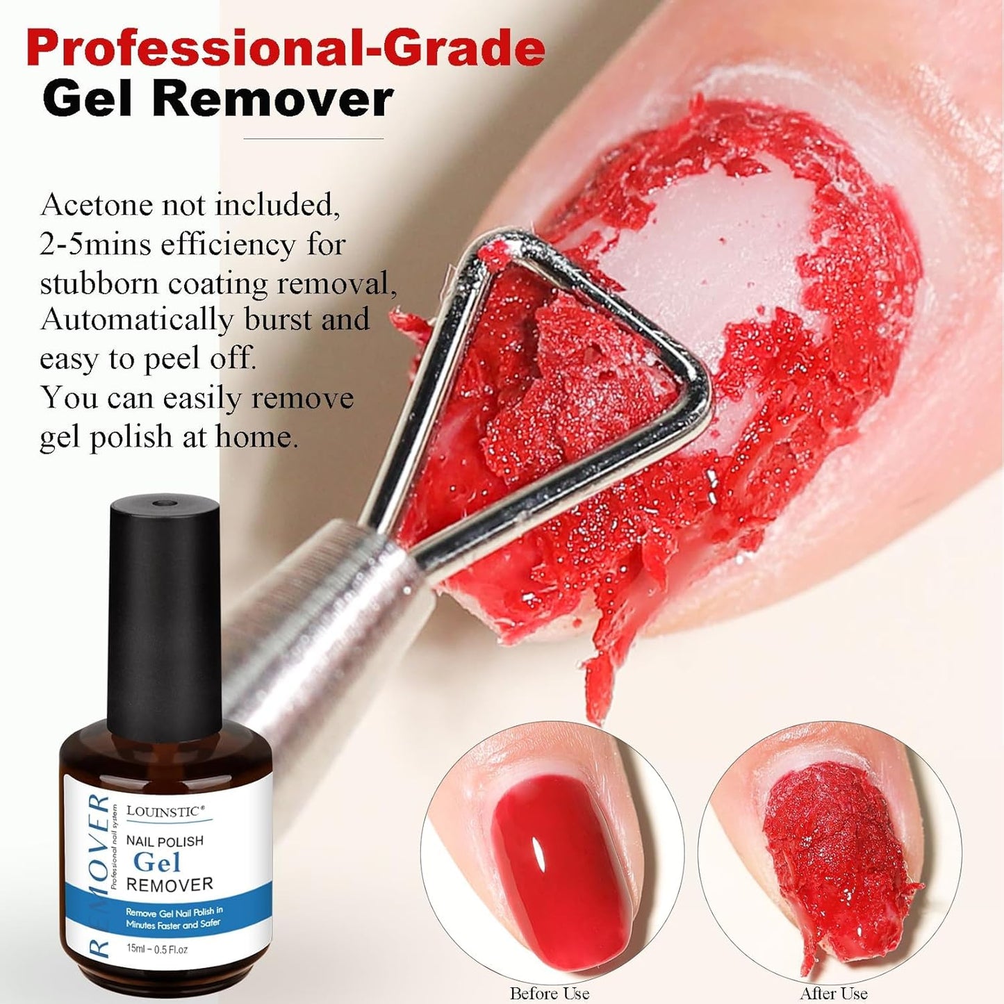 LOUINSTIC Gel Polish Remover – 15 ml Fast, Acetone-Free Gel Remover, Easily Removes Gel Nail Polish in 2-5 Minutes, Low-Irritation, No Foil Needed, Ideal for At-Home DIY Manicure Use