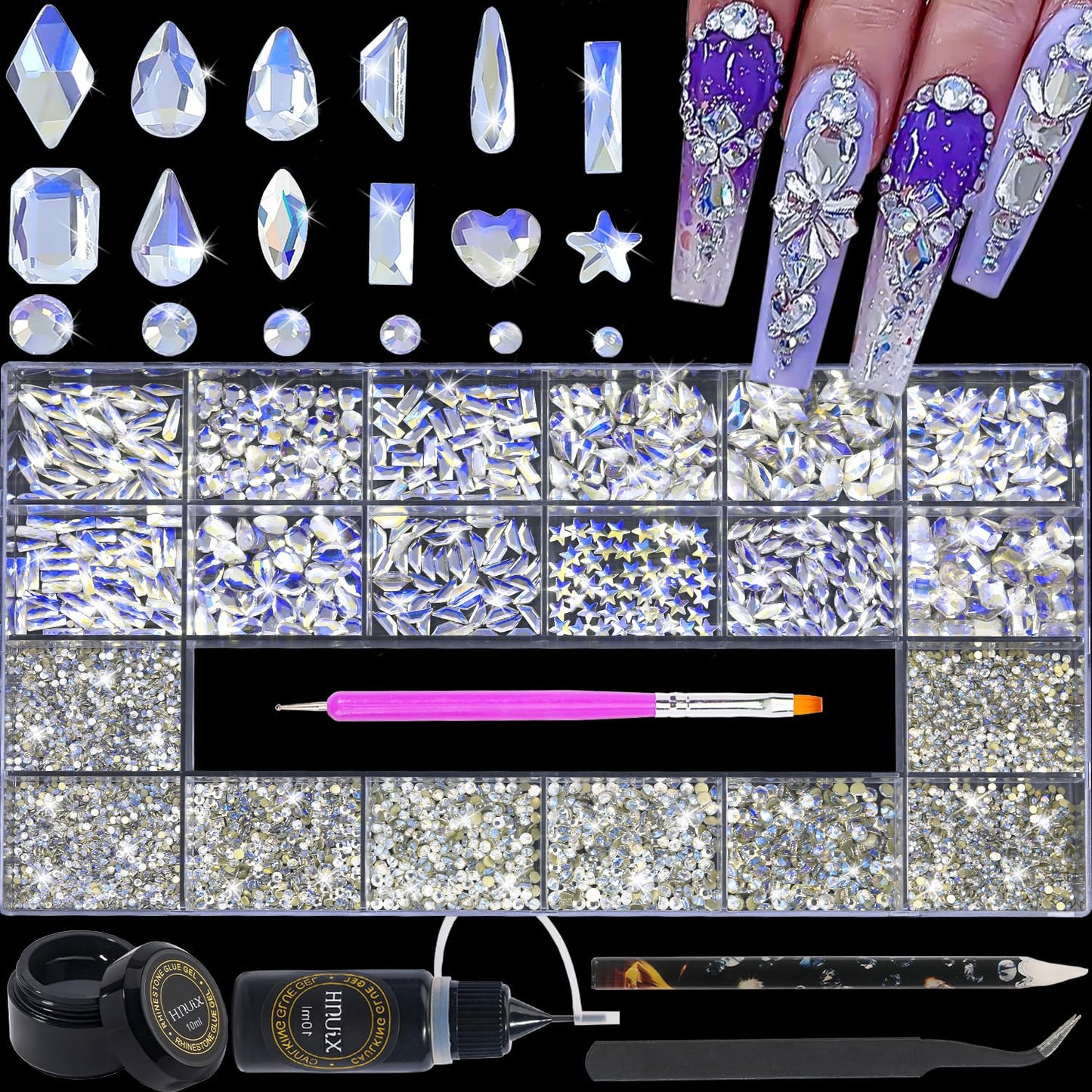 HNUIX Nail Rhinestones - 4550pcs Crystal Blue Moonlight, Multiple Shape Gems, Flatback Rhinestones, with Kit and Glue Gel, for Nail Art