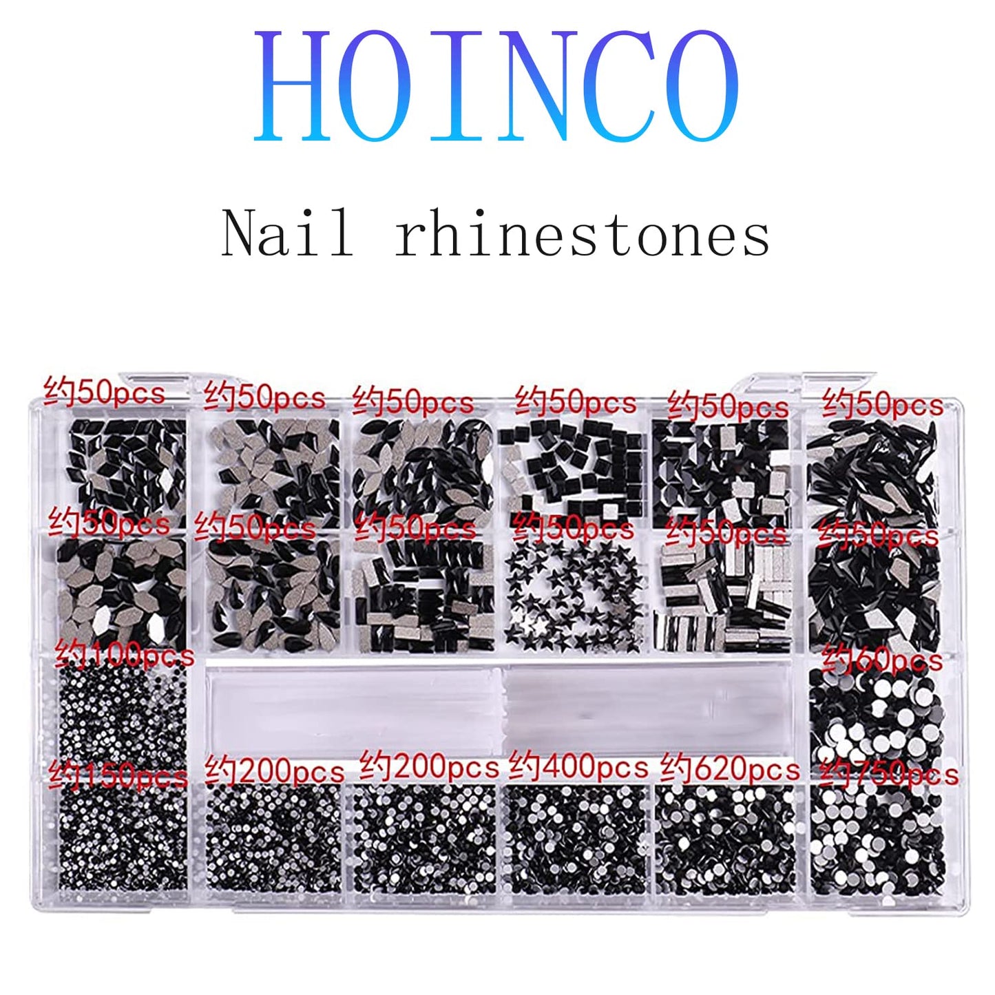 HOINCO Black Rhinestones for Nails - 3100 Pcs Mix Flatback Rhinestone/Gems - 600 Diamonds + 2500 Round Beads for Nail Crafts with Tweezers Pen