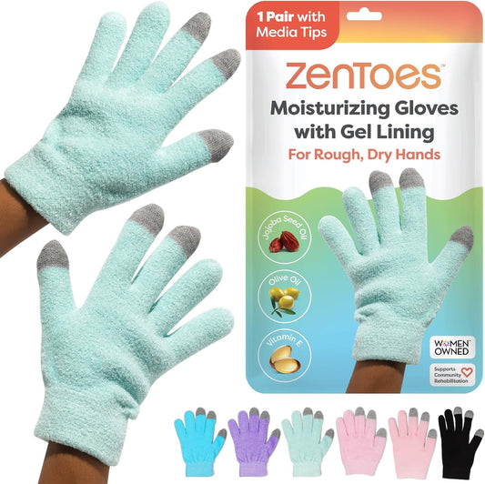 ZenToes Moisturizing Gloves for Dry Hands, Gel Infused with Jojoba Seed Oil, Olive Oil and Vitamin E, Overnight Hand Moisturizer (OSFM, Fuzzy Mint Green with Media Tips)