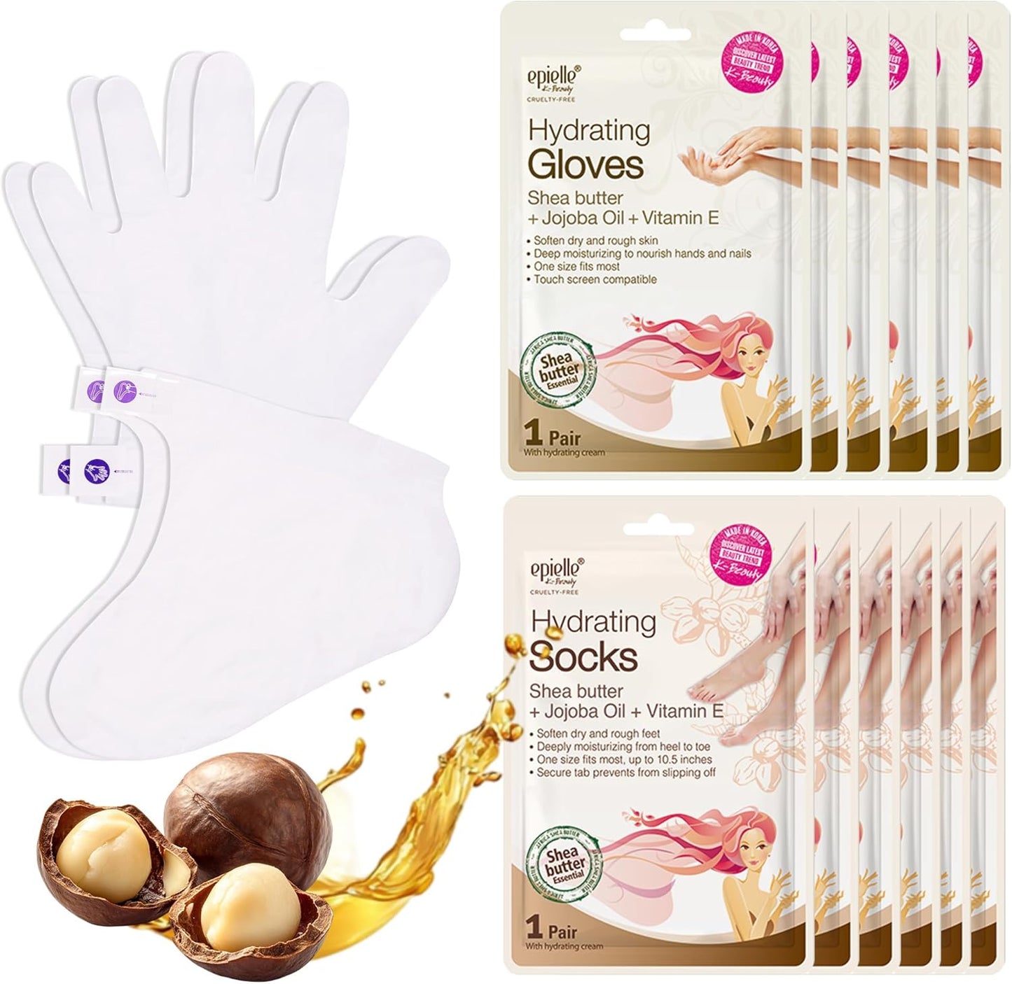 Epielle Hydrating Hand & Foot Masks for Dry, Overworked Skin, Self Care Gifts for Women, Spa Kit, Stocking Stuffers, Thanksgiving Essentials, 6 Moisturizing Gloves & 6 Moisturizing Socks