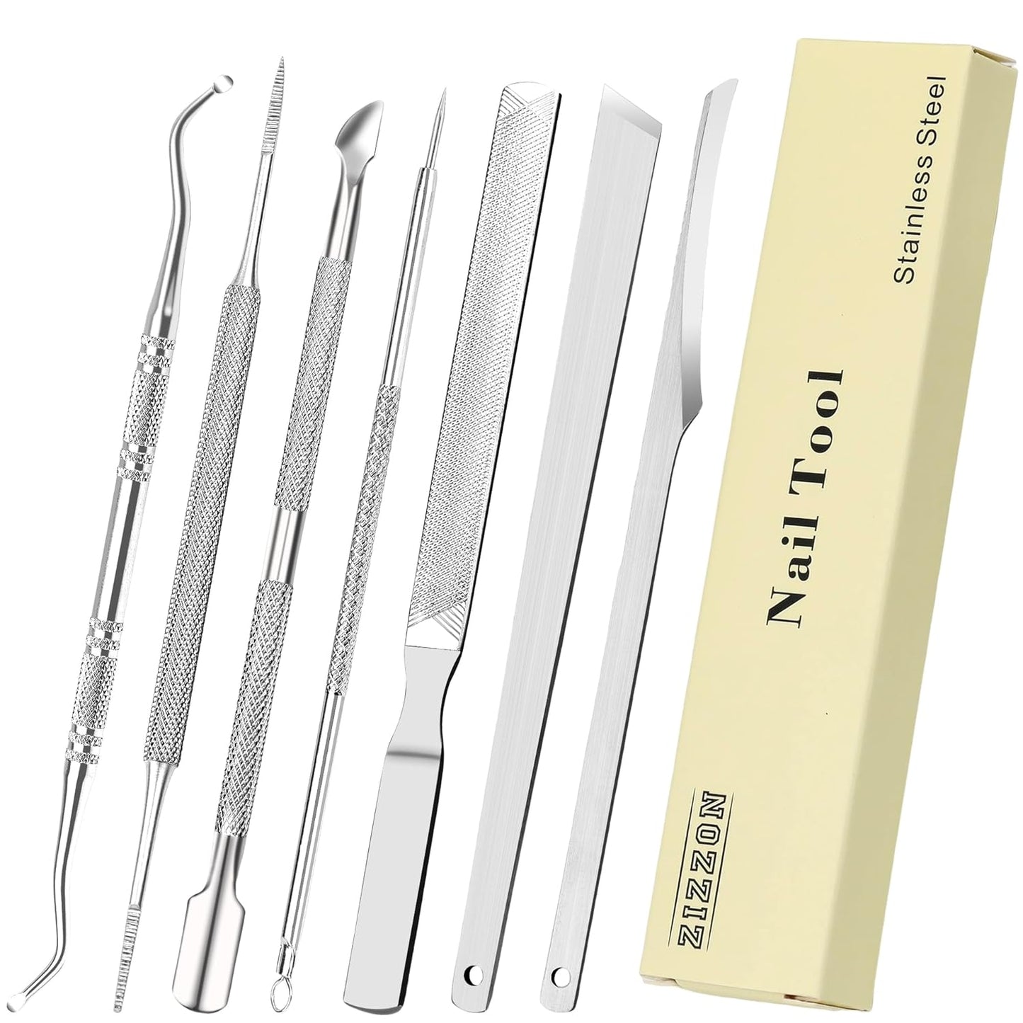 ZIZZON 7 Pcs Ingrown Toenail File and Lifters Set, Stainless Steel Ingrown Toenail Removal Kit, Under Nail Cleaner Pedicure Tools