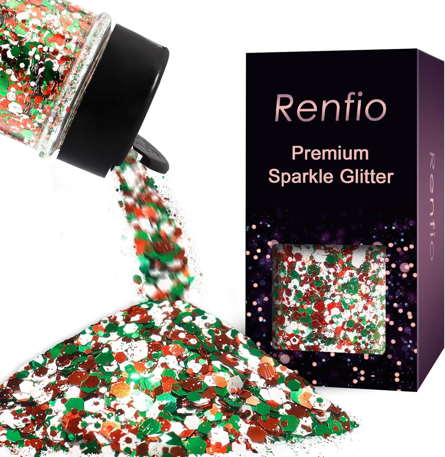 Renfio Xmas Chunky Glitter,Red White Green Mixed Color Glitter for Xmas,1.76oz/50g Mixed Size Iridescent Hexagon Sequin Sparkle for Snowglobe Tumbler,Resin,Craft,Nail,Face,Hair,Festival Decor,Ornament