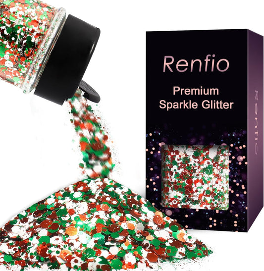 Renfio Xmas Chunky Glitter,Red White Green Mixed Color Glitter for Xmas,1.76oz/50g Mixed Size Iridescent Hexagon Sequin Sparkle for Snowglobe Tumbler,Resin,Craft,Nail,Face,Hair,Festival Decor,Ornament