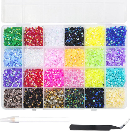 12000Pcs Nail Art Rhinestones, BetterJonny 24 Colors 4mm Round Nail Flatback Rainbow Gems Set with Tweezers and Pencil AB Glitter Flat-Bottomed Rhinestone for Crafts Decoration and Jewelry Making
