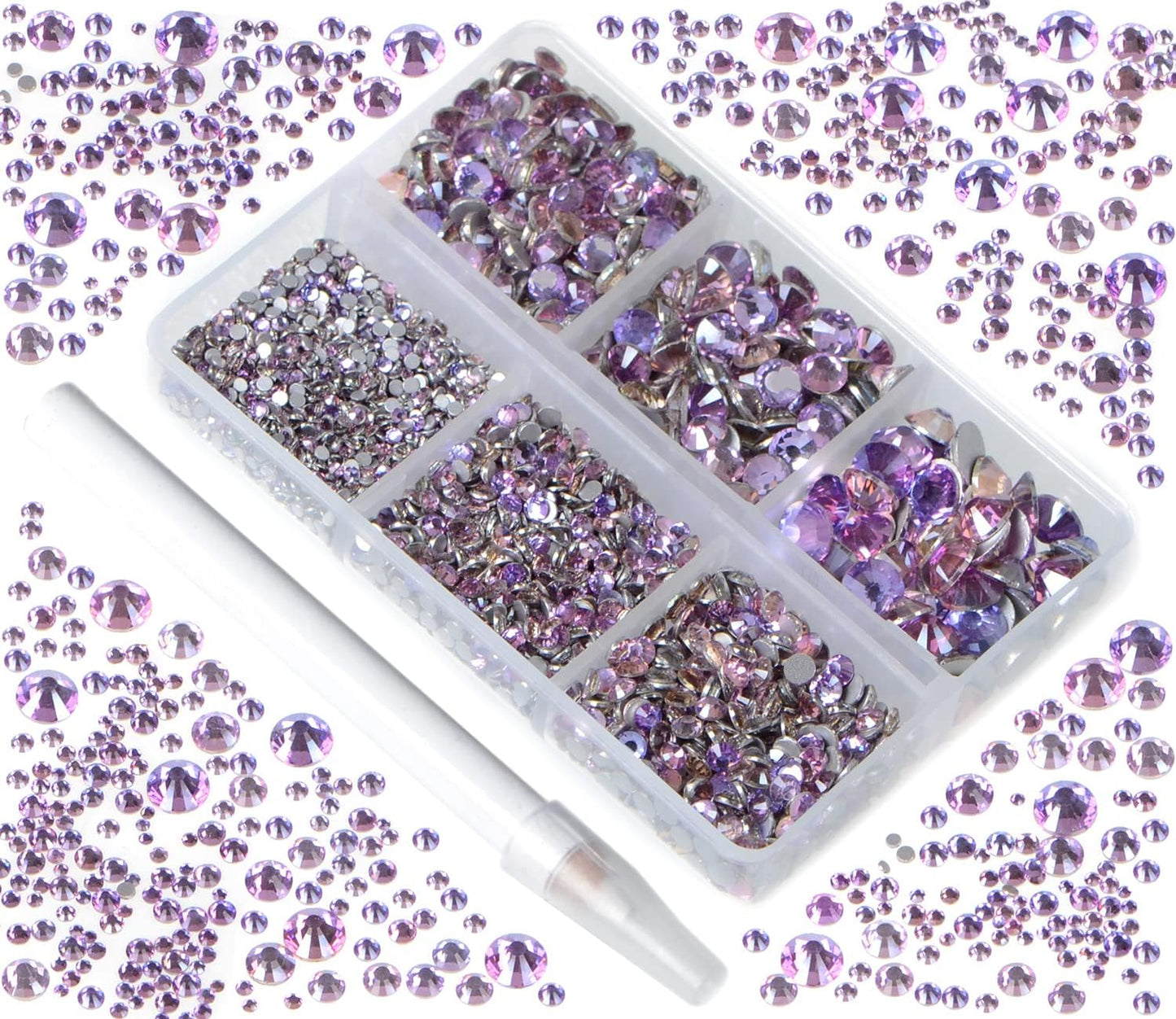 Bymitel 5000 Pieces 6 Mixed Sizes Glue Fix on Glass Rhinestones Round Crystal Gems Flatback for DIY Jewelry Making with one Picking Pen(6-Sizes 5000PCS, Green Pink)
