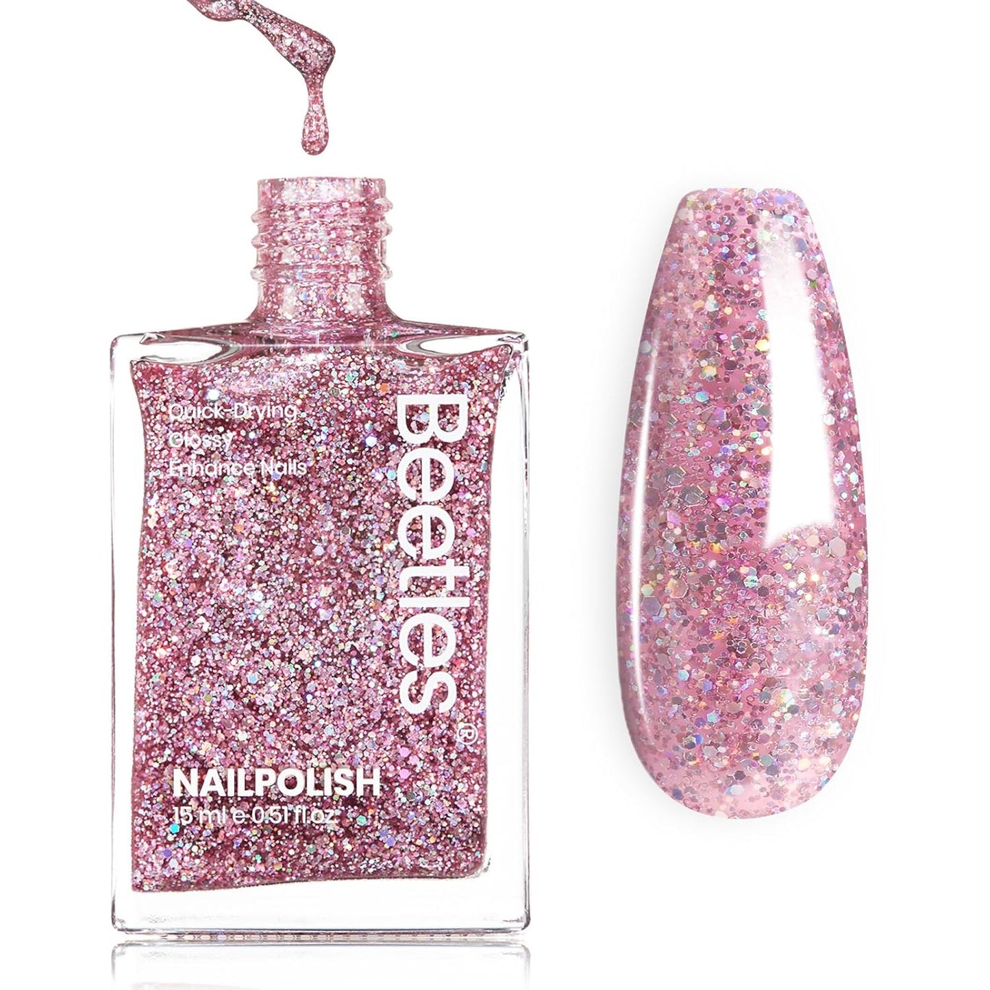 Beetles Glitter Nail Polish, 15ml Light Pink Sparkly Iridescent Rainbow Shimmer Nail Polish, Diamond Shiny Glitter Fast Drying & Long Lasting Nail Lacquer Shimmer for Nail Salon-Quality Results