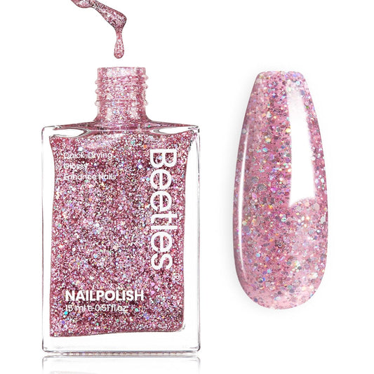 Beetles Glitter Nail Polish, 15ml Light Pink Sparkly Iridescent Rainbow Shimmer Nail Polish, Diamond Shiny Glitter Fast Drying & Long Lasting Nail Lacquer Shimmer for Nail Salon-Quality Results