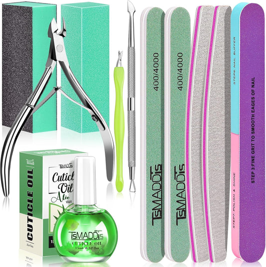 TsMADDTs Cuticle Pusher Nail File Kit, Nail Buffers and Files with 3 Files, 2 Buffering Blocks, 2 Polishing Buffers, Cuticle Nippers, Pusher and Oil