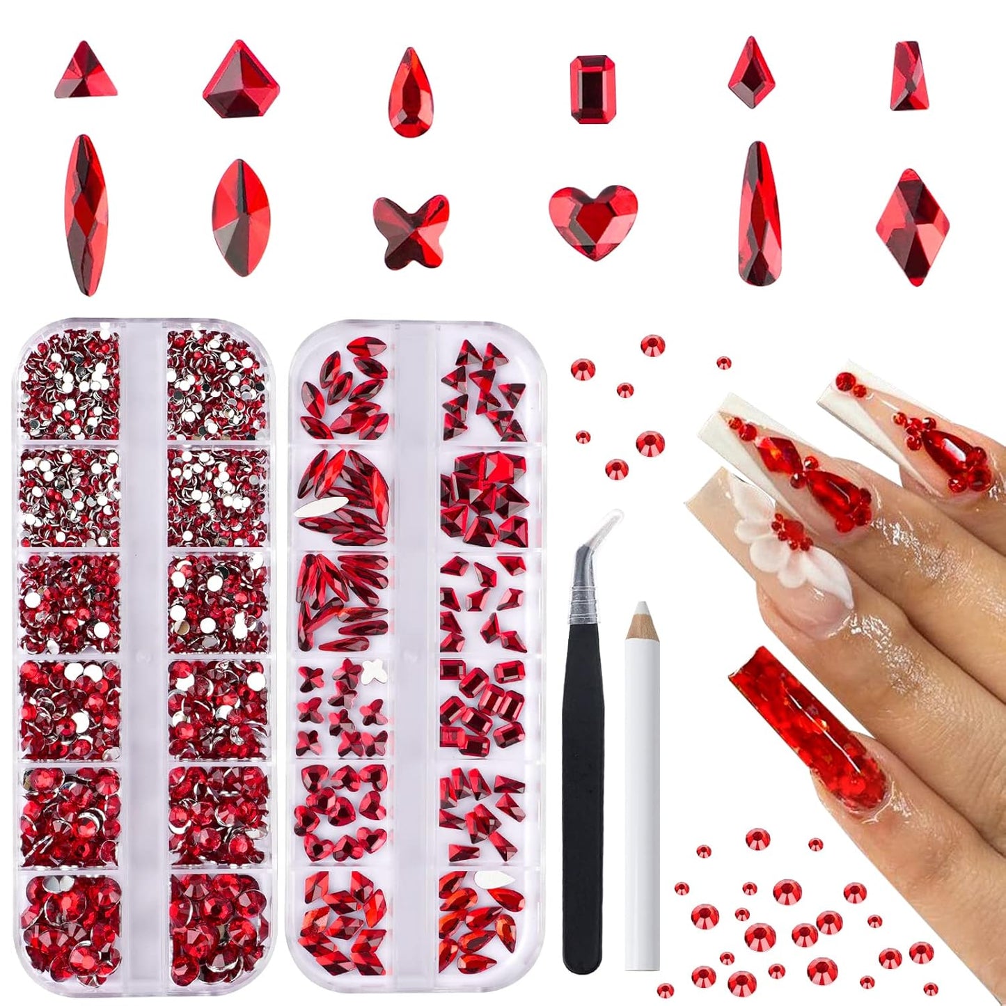 Canvalite 2518Pcs Nail Rhinestones Gems, 12 Styles 3D Glass Red Crystals Charms Shiny Multi Shape Flatback Rhinestones with Gems Picker and Tweezers for DIY Nail Art